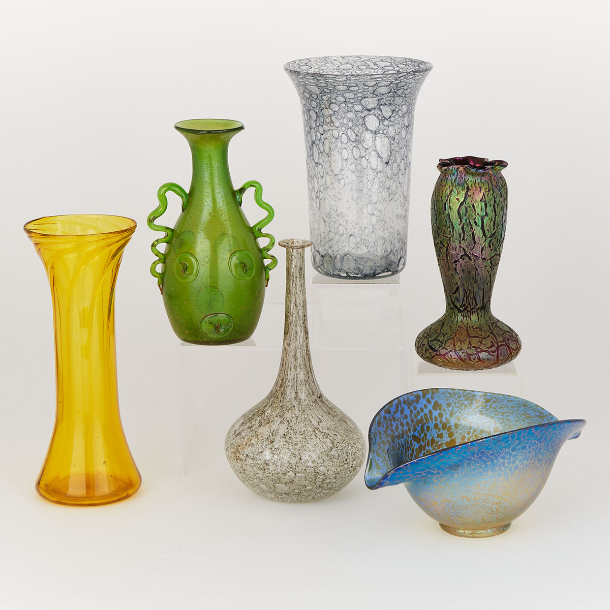 Five Mainly Bohemian Coloured Glass Vases and a Bowl, early 20th century