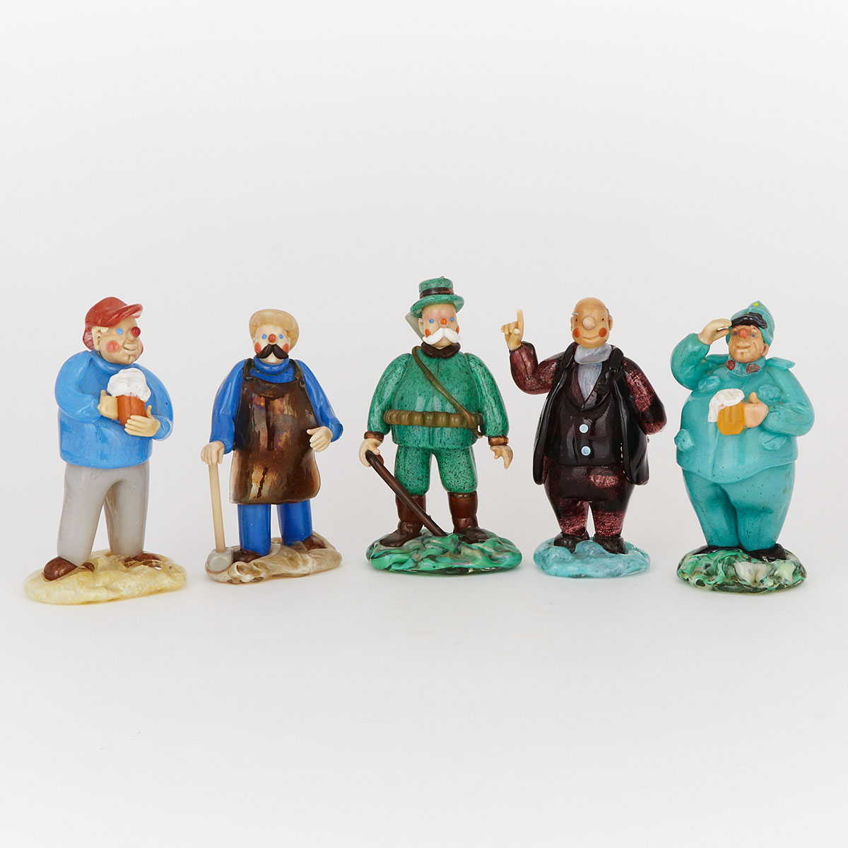 Five Czechoslovakian Coloured Glass Character Figures, 20th century