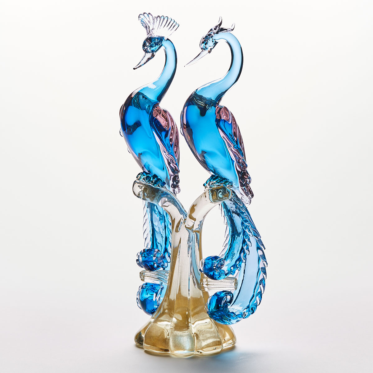 Murano Glass Group of Two Blue Peacocks, probably Seguso, mid-20th century