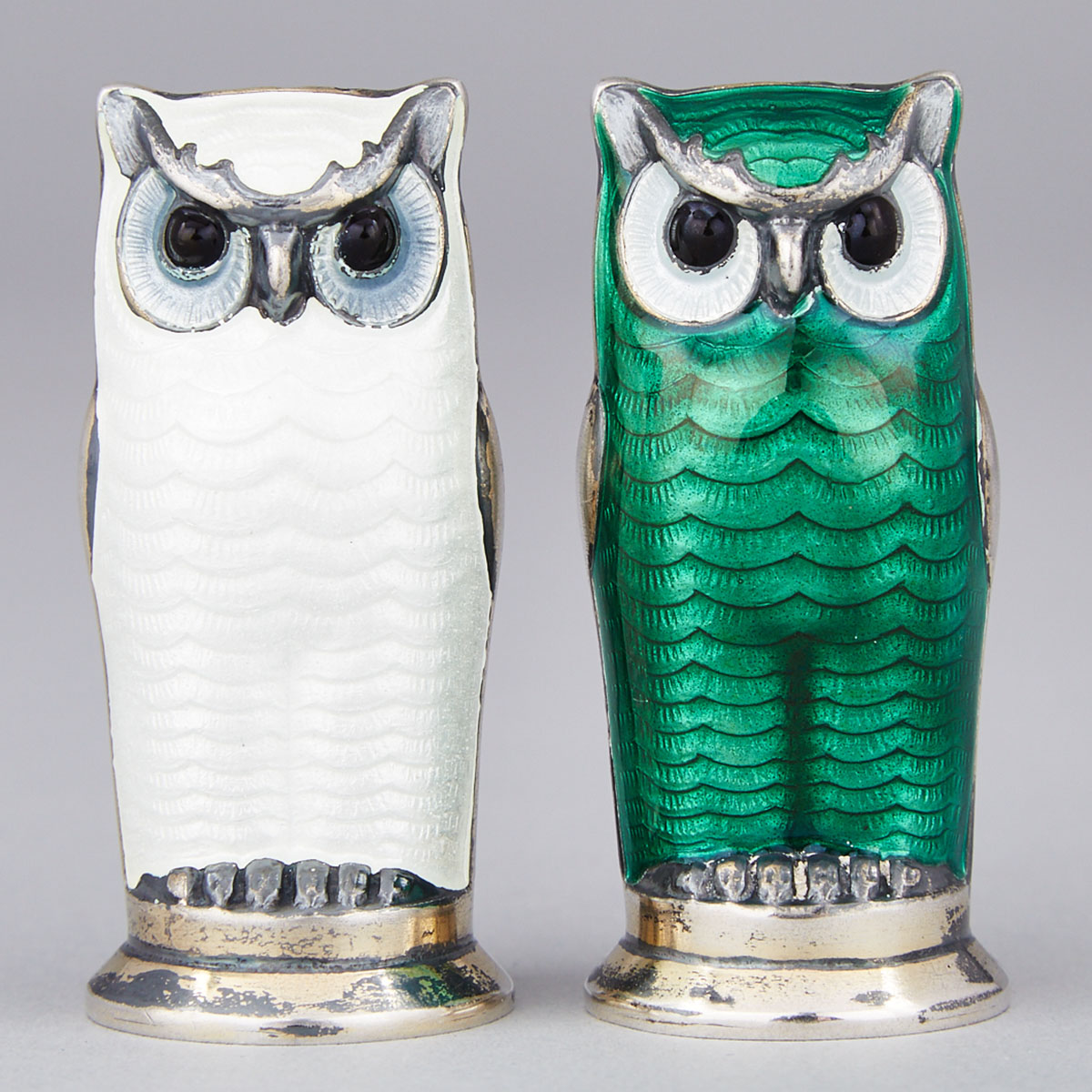 Pair of Norwegian Silver and Enamel Owl-Form Salt and Pepper Casters, David Andersen, Olso, 20th century
