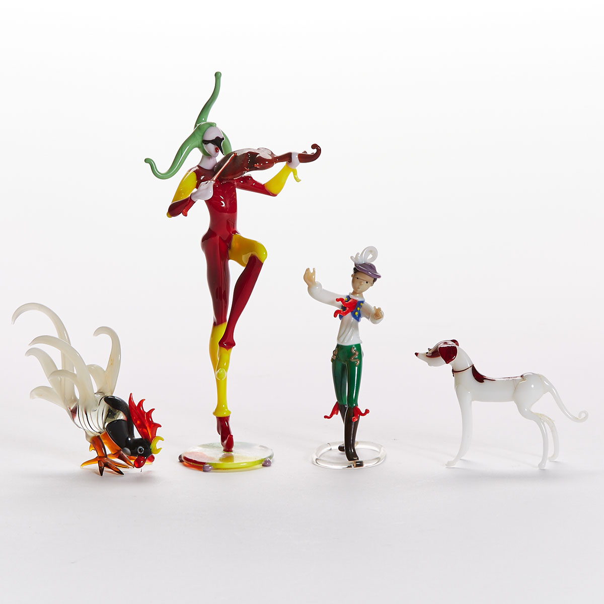 Bimini Werkstätte Coloured Glass Musician Figure, a Boy, Dog and Rooster, 1930s
