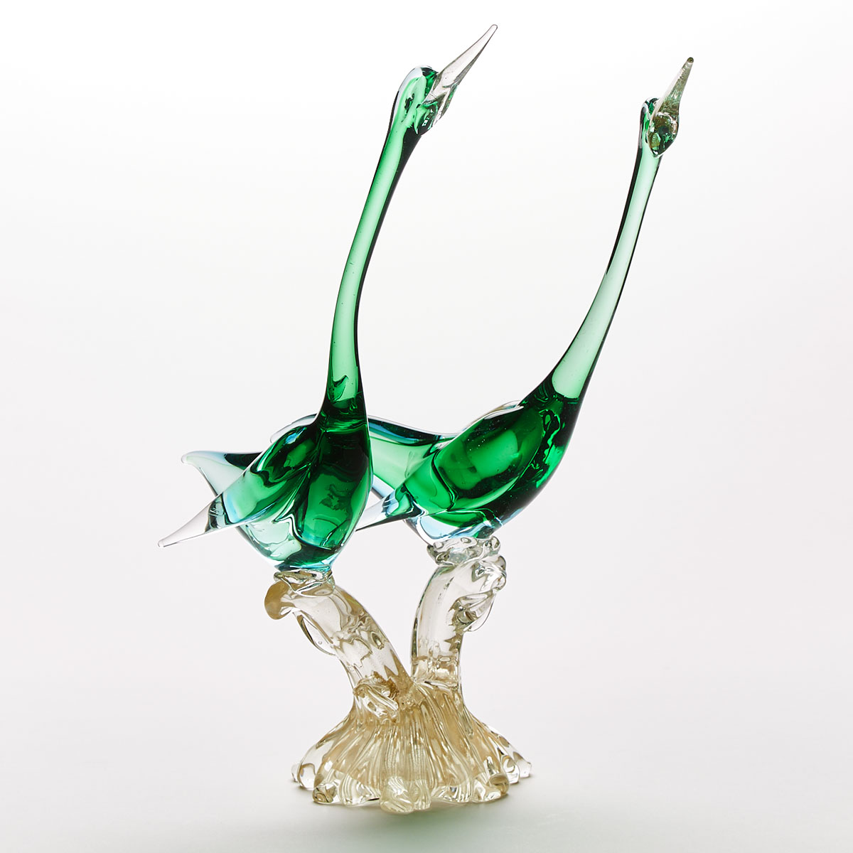 Murano Glass Group of Two Green Cranes, probably Seguso, mid-20th century