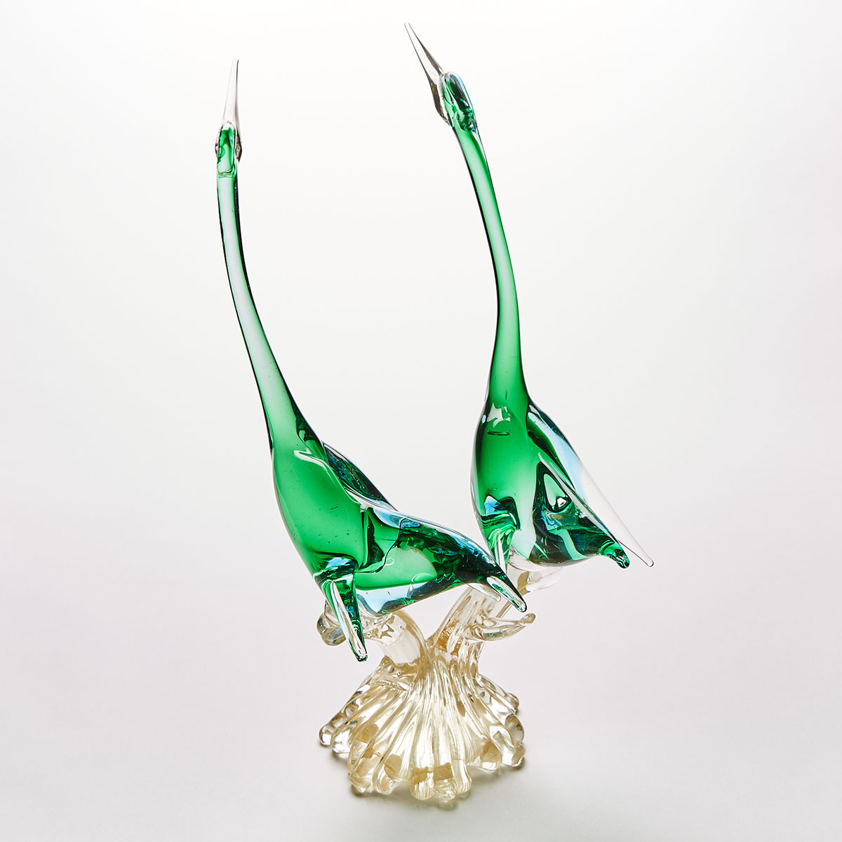 Murano Glass Group of Two Green Cranes, probably Seguso, mid-20th century