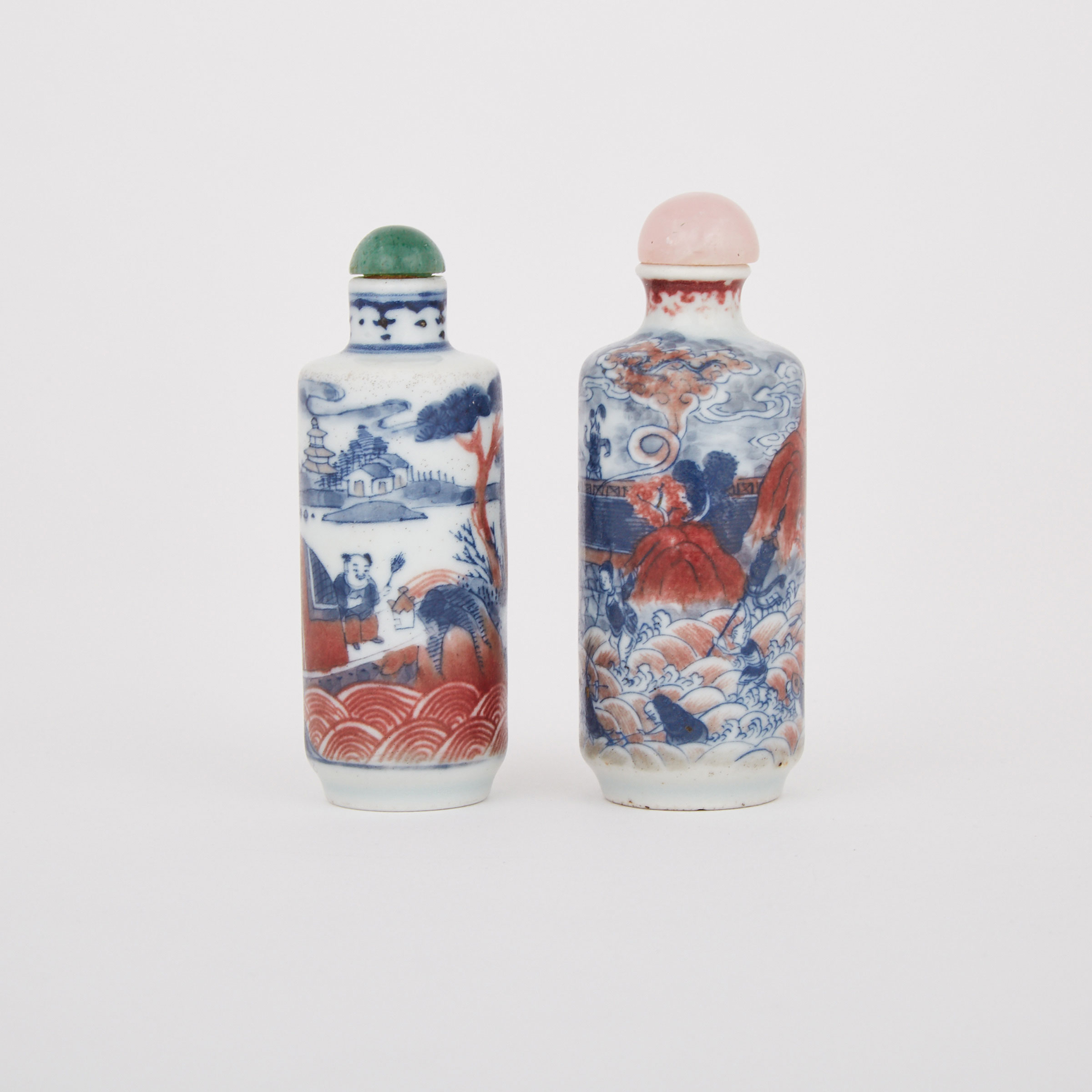 Two Blue and White Iron Red Snuff Bottles, 19th Century