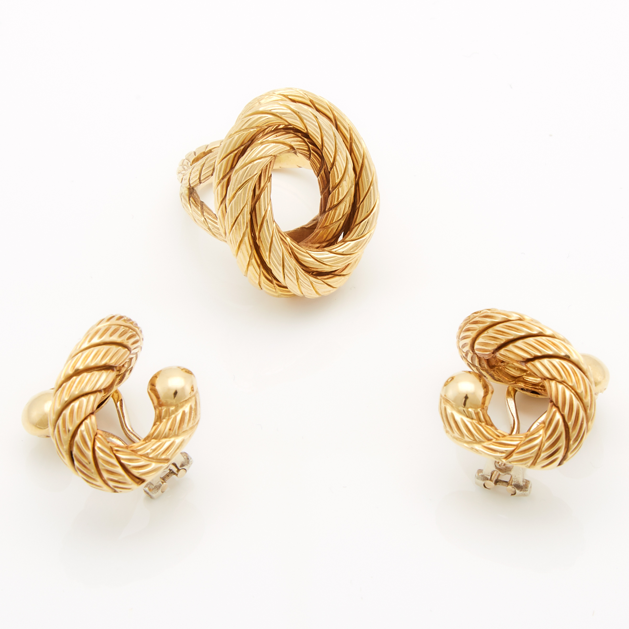 Weingrill Italian 18k Yellow Gold Sculpted Clip-Back Earrings And Matching Ring