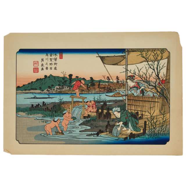 A Group of Five Woodblock Prints after Kesai Eisen (1790-1848) and Utagawa Hiroshige (1797-1858), 20th Century