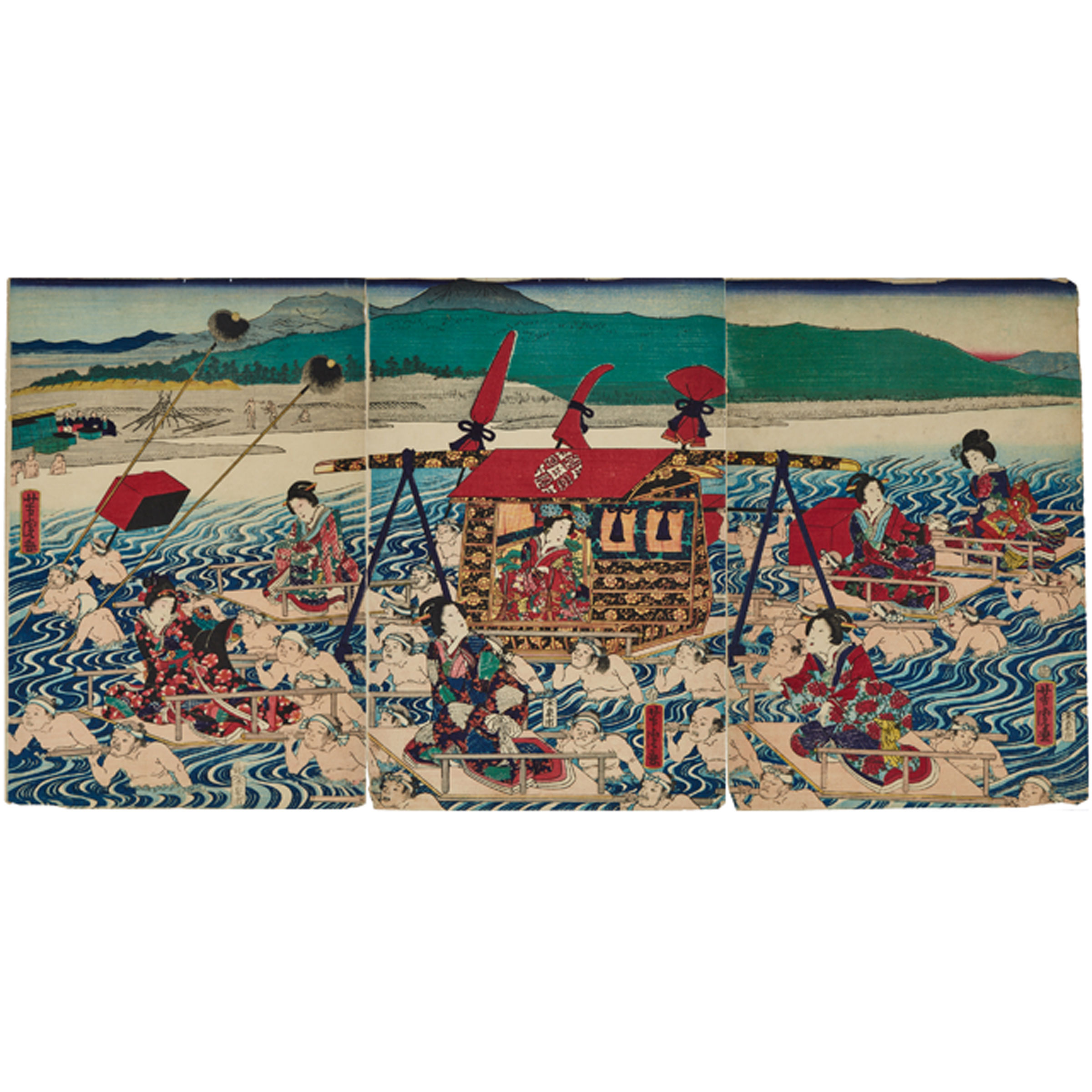 Utagawa Yoshitora (active 1850-1880), Crossing the River Triptych, Circa 1860s