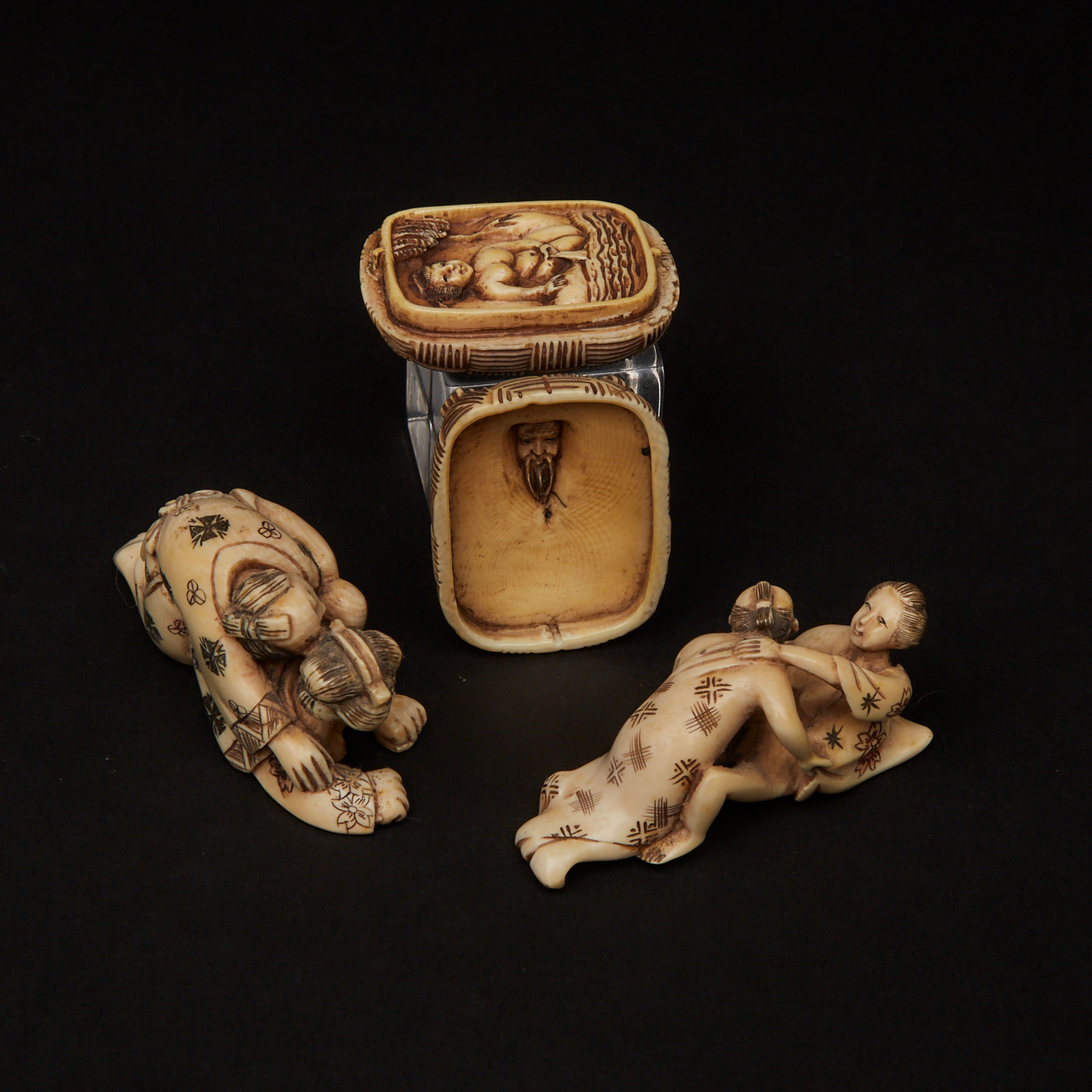 A Group of Three Ivory Carved Shunga Netsuke