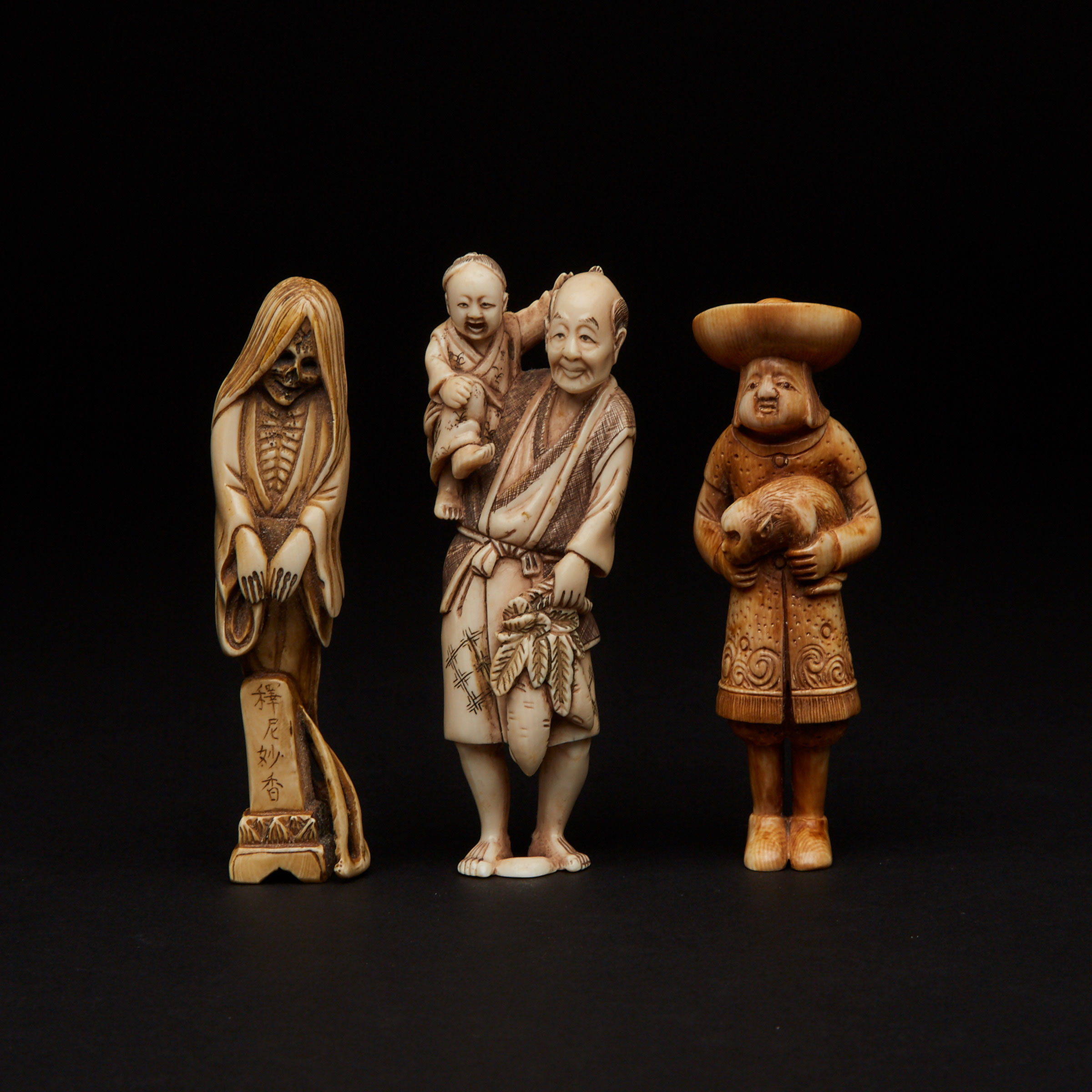 A Group of Three Ivory Carved Figural Netsuke