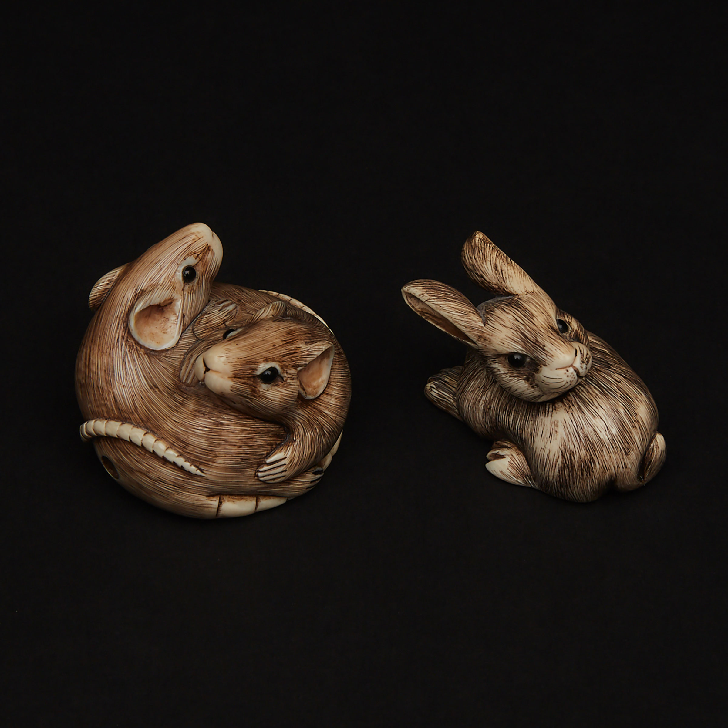 Two Ivory Netsukes of a Rabbit and Mice