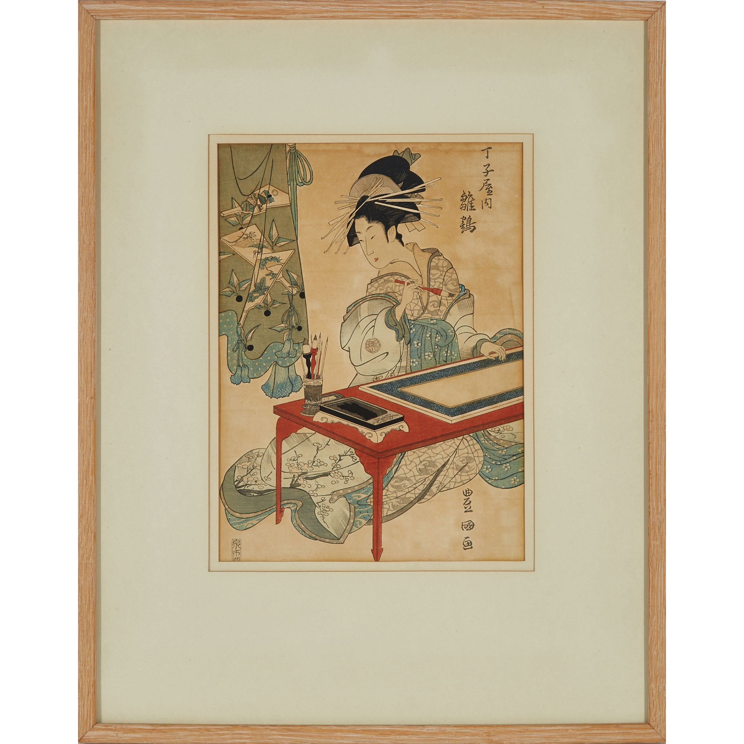 A Group of Five Framed Ukiyo-e Portrait Woodblocks, Early 20th Century