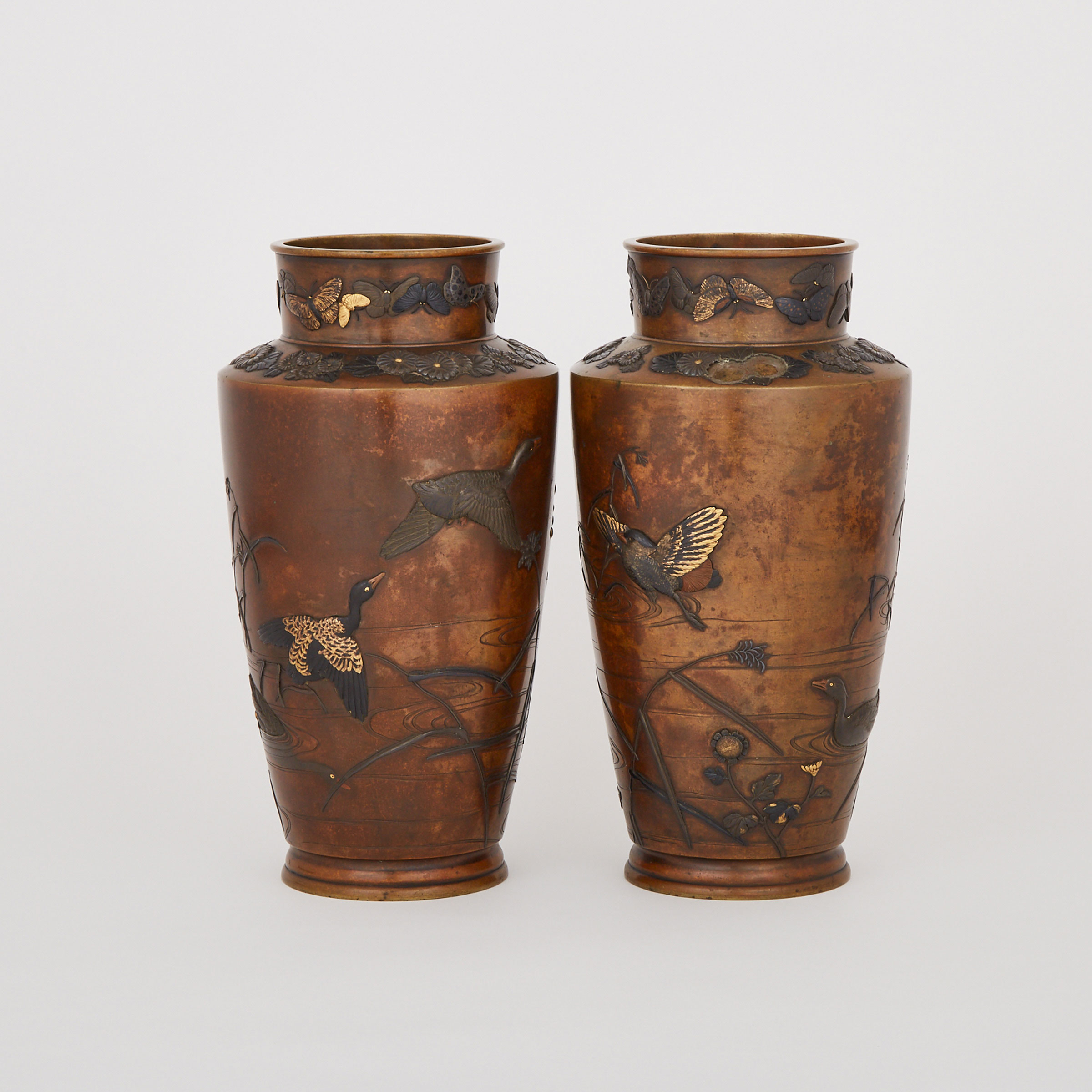 A Pair of Mixed-Metal Inlaid Bronze Vases, Meiji Period 