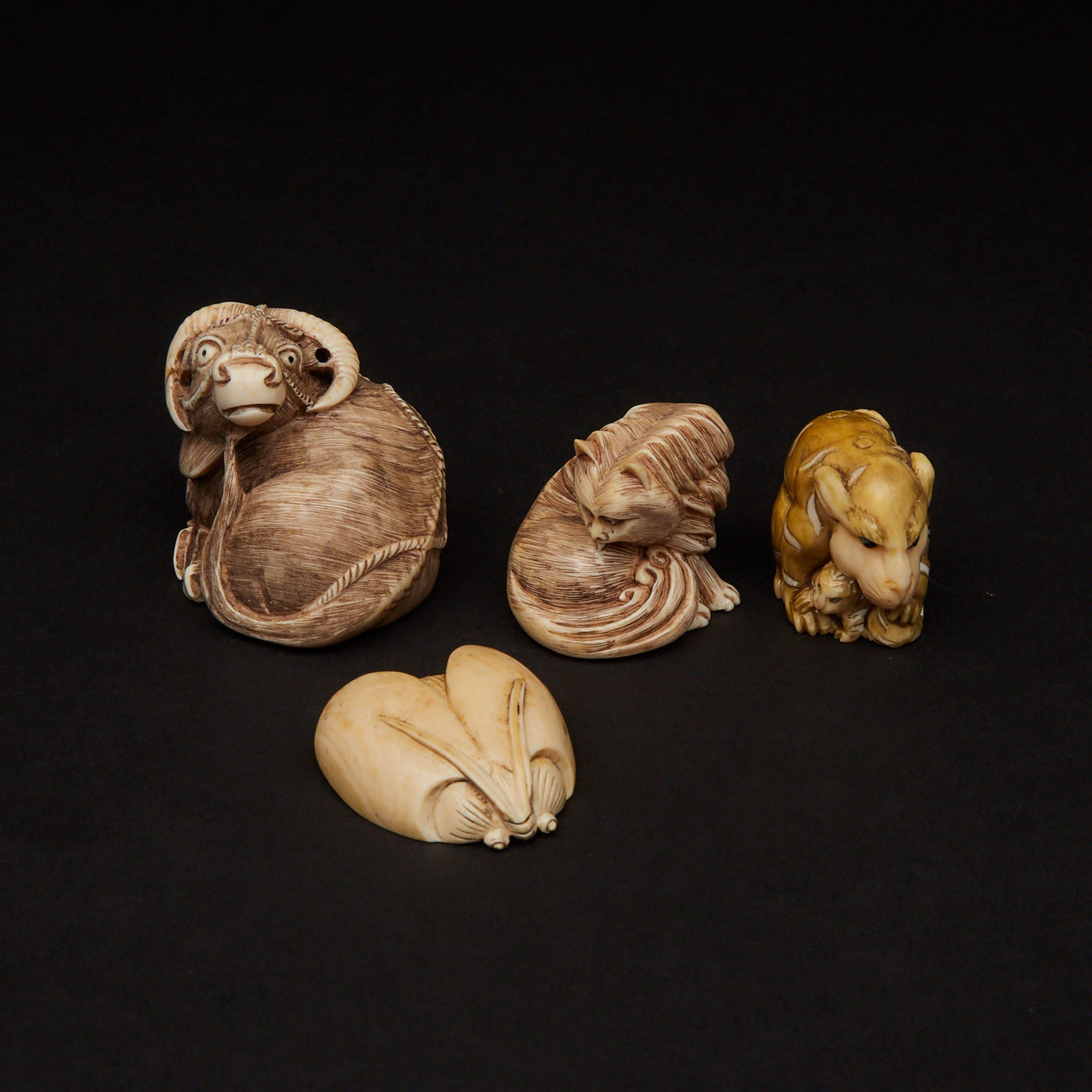 A Group of Four Ivory Carved Animal Netsuke 