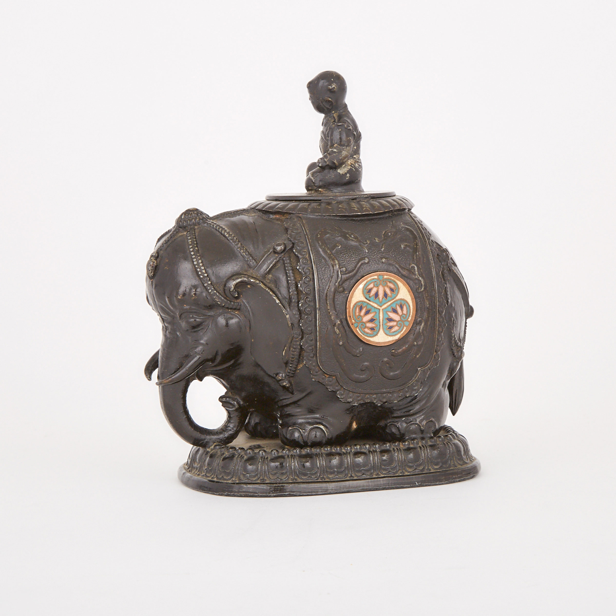 A Japanese Patinated White Metal Elephant and Rider