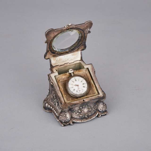 Napoleon III Silver Plated Pocket Watch Desk Stand, Leopold Oudry et Cie, with Silver Pocket Watch, late 19th century
