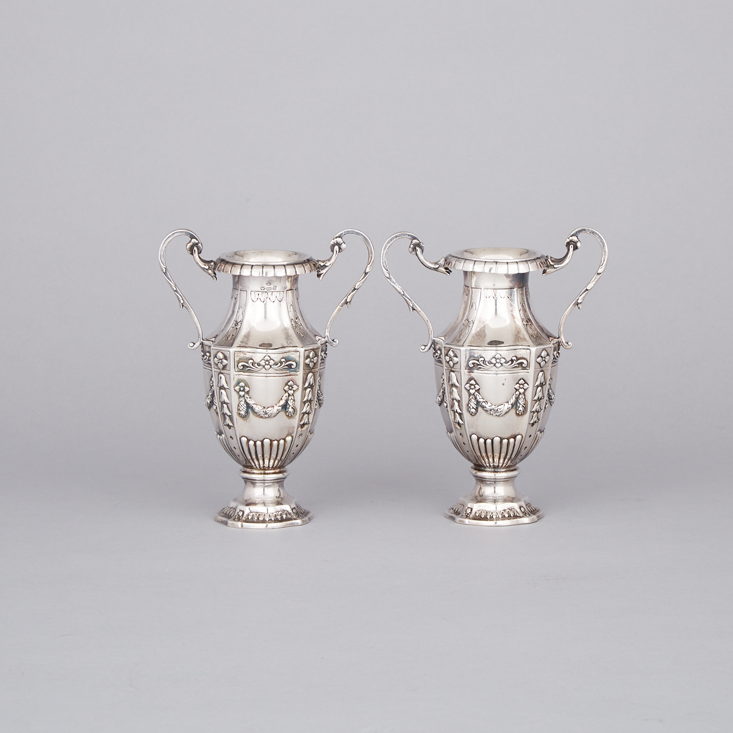 Pair of German Silver Two-Handled Vases, probably Hanau, early 20th century