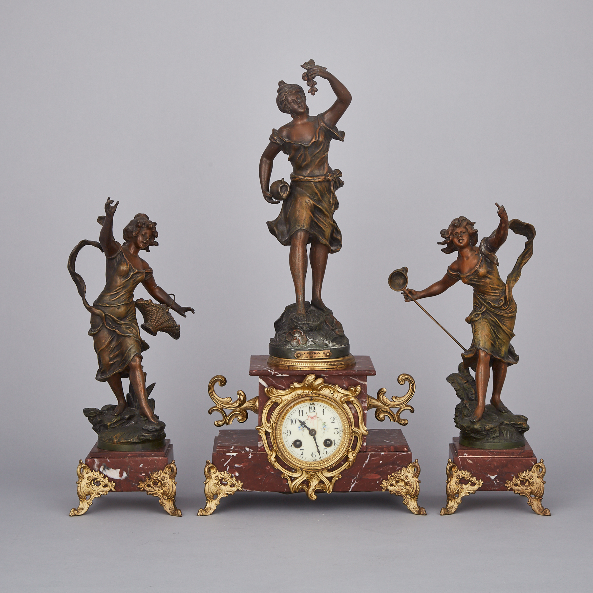 French Ormolu Mounted Rouge Griotte Marble Figural Clock Garniture, c.1890