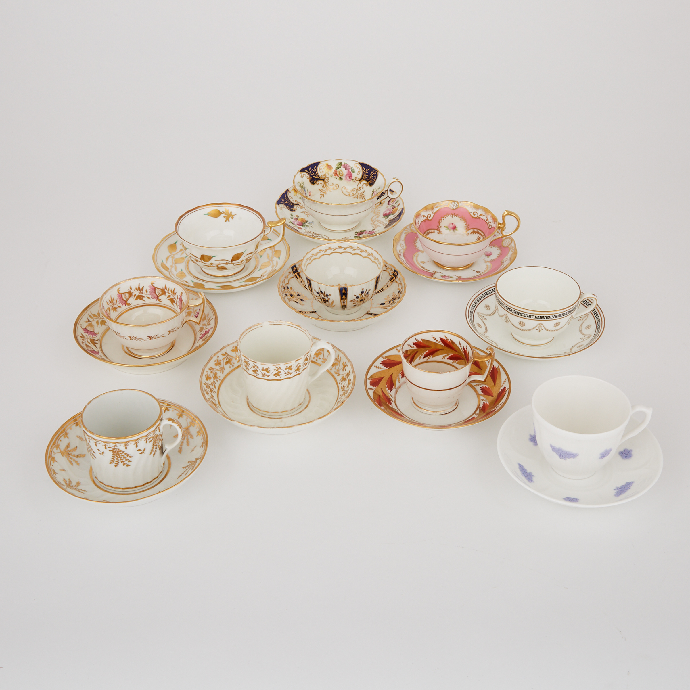 Ten English Porcelain Cups and Saucers, late 18th-early 20th century