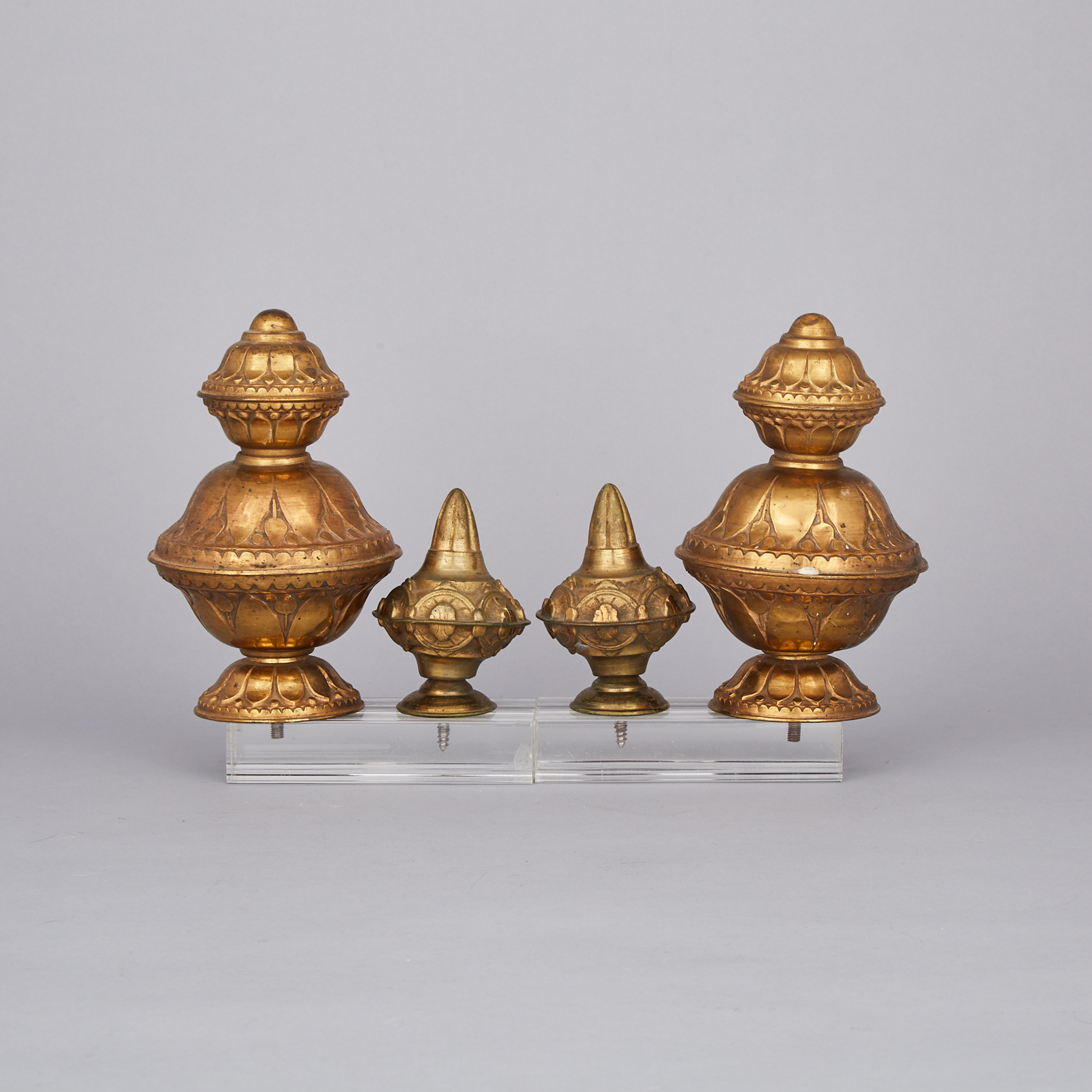 Two Pairs of Victorian Lacquered Pressed Brass Curtain Finials, mid 19th century