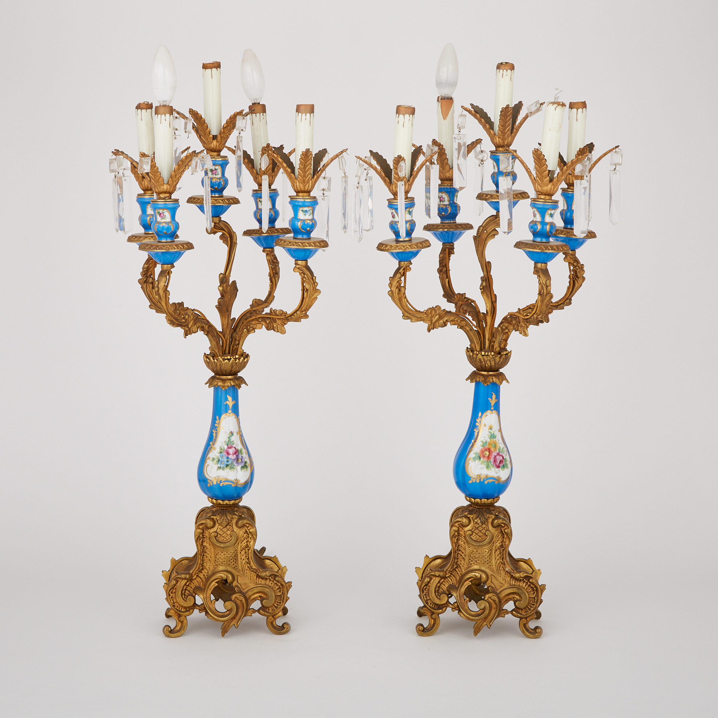 Pair French Sevres Style Porcelain Mounted Ormolu Five-Light Candelabra, mid 20th century