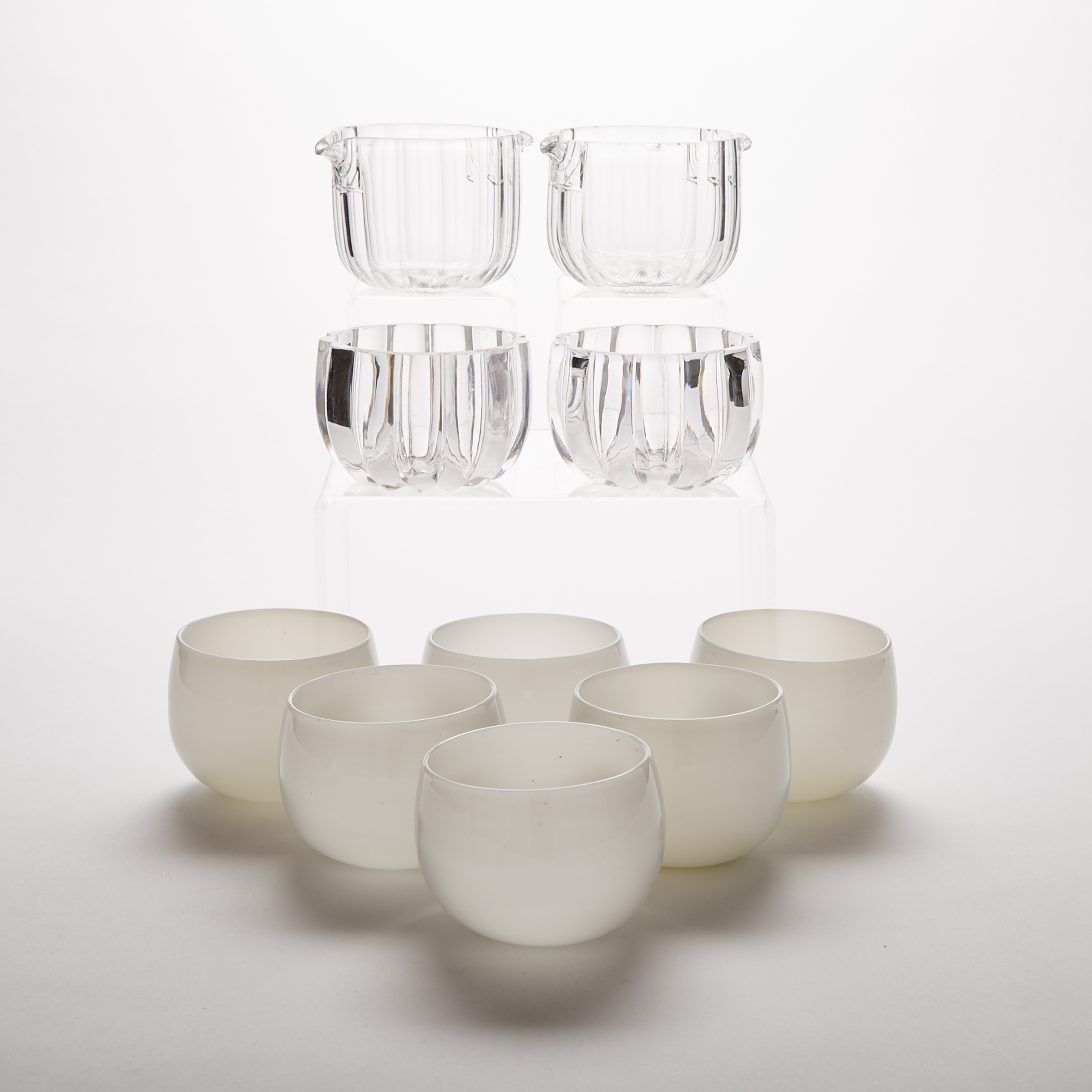 Two English Cut Glass Finger Bowls, Two Wine Glass Rinsers and Six Opaque White Glass Finger Bowls, possibly French, 19th century