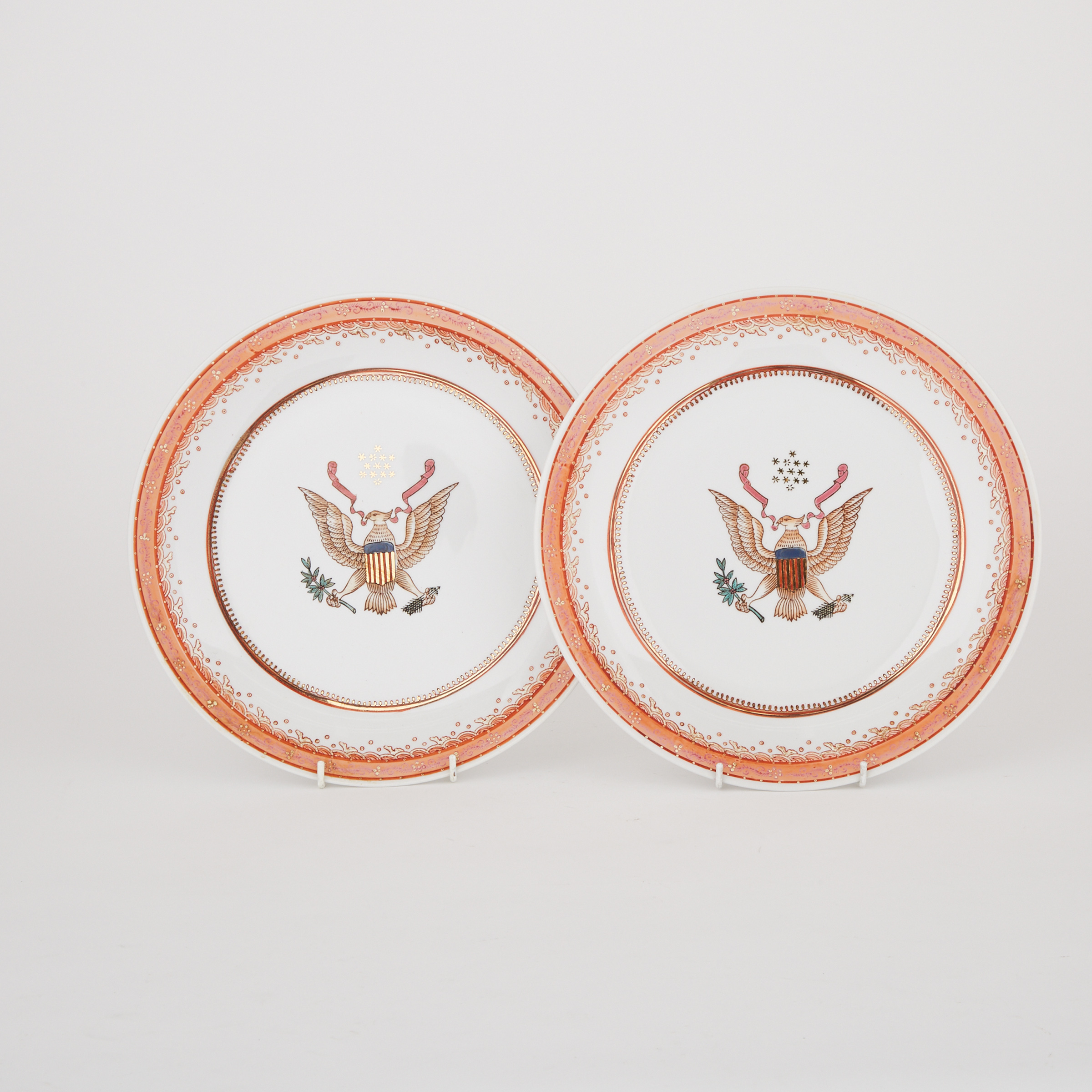 Pair of Chinese Export Style Porcelain ‘American Eagle’ Chargers, possibly Samson, 20th century