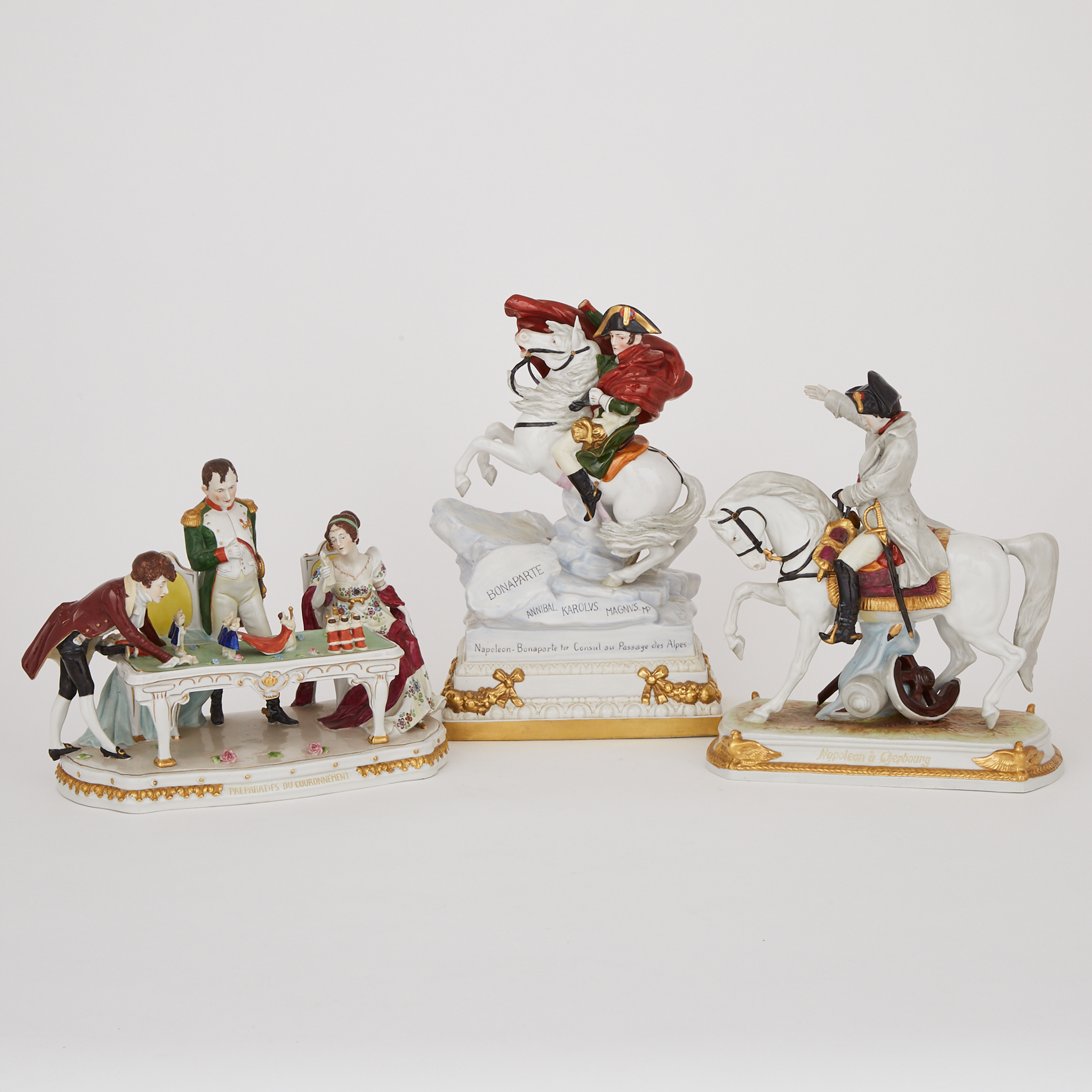 Two Sitzendorf Equestrian Figures of Napoleon and a Group Planning His Coronation, 20th century