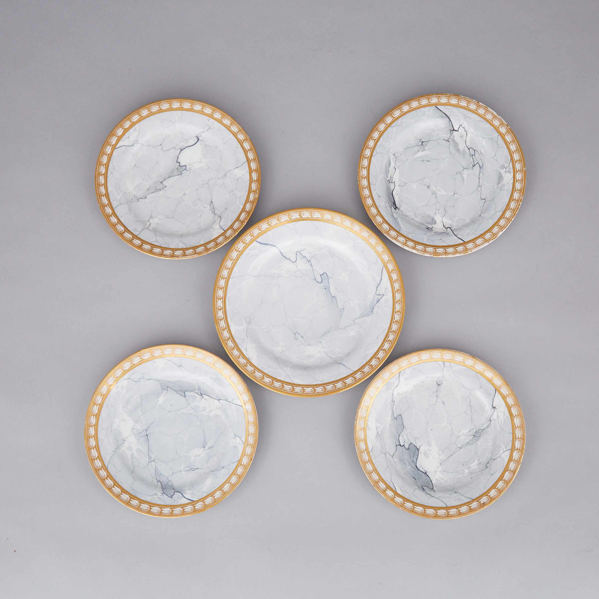 Five Barr, Flight & Barr Worcester Grey Marbled Ground and Gilt Plates, c.1810