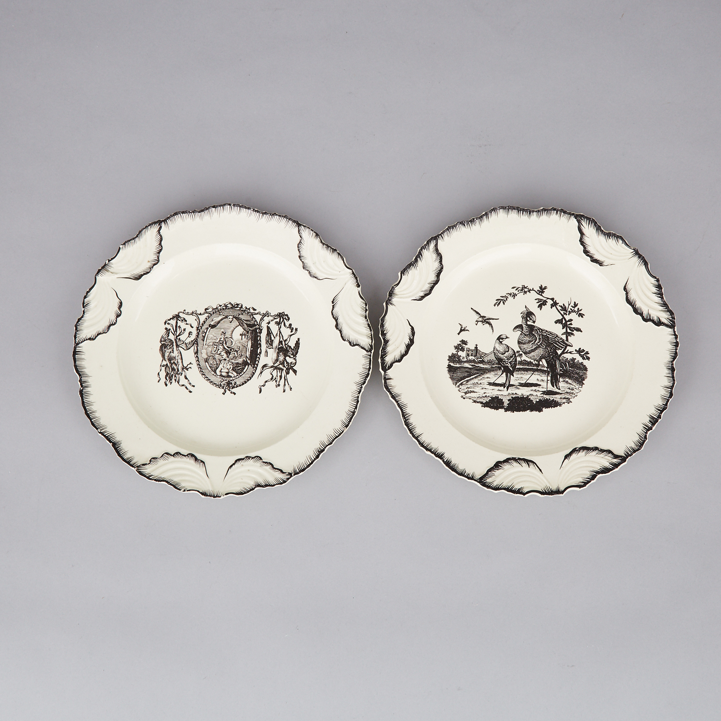 Two English Moulded and Black Printed Creamware Plates, late 18th century