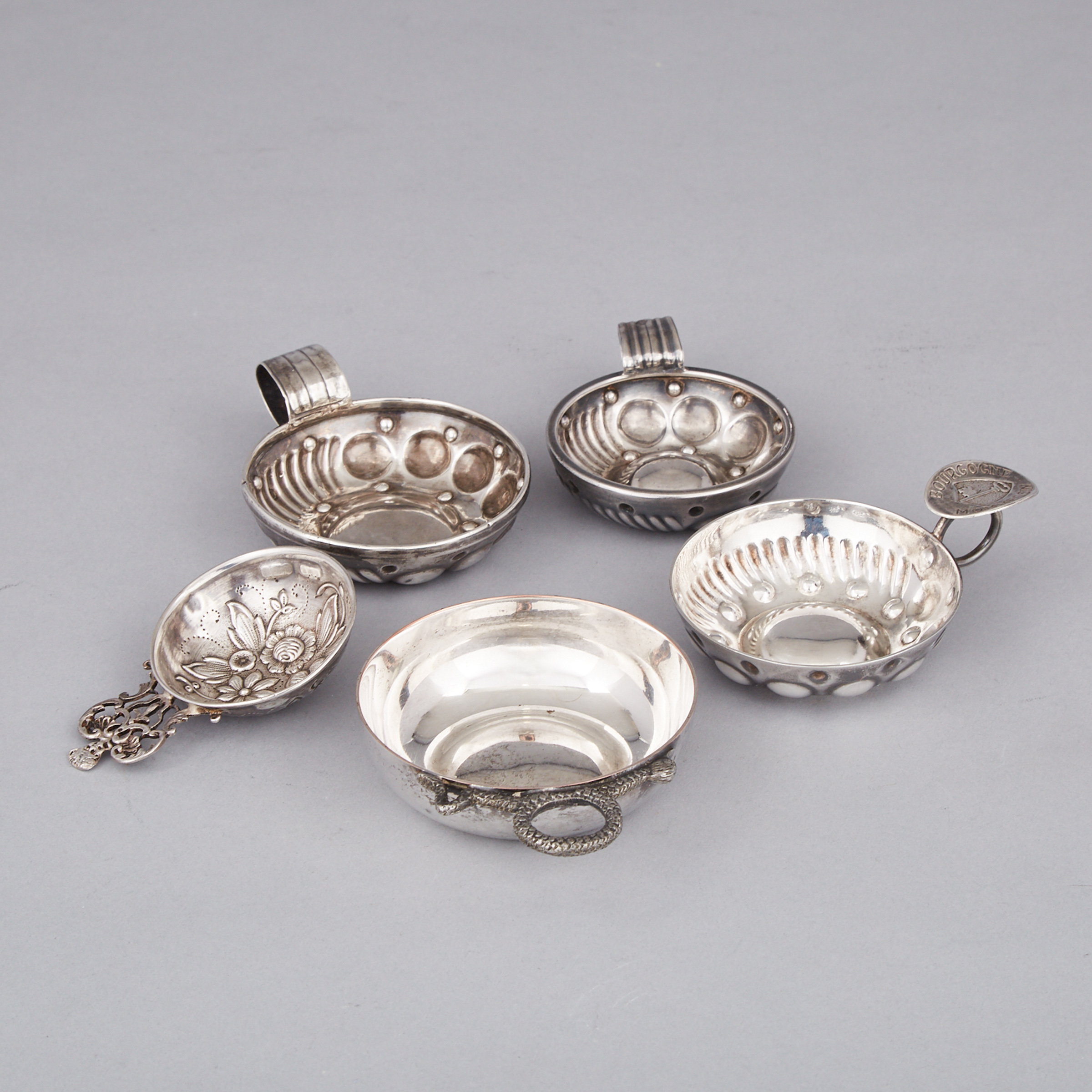 Two French Silver Wine Tasters, Another English and Two Plated, late 19th century/20th century
