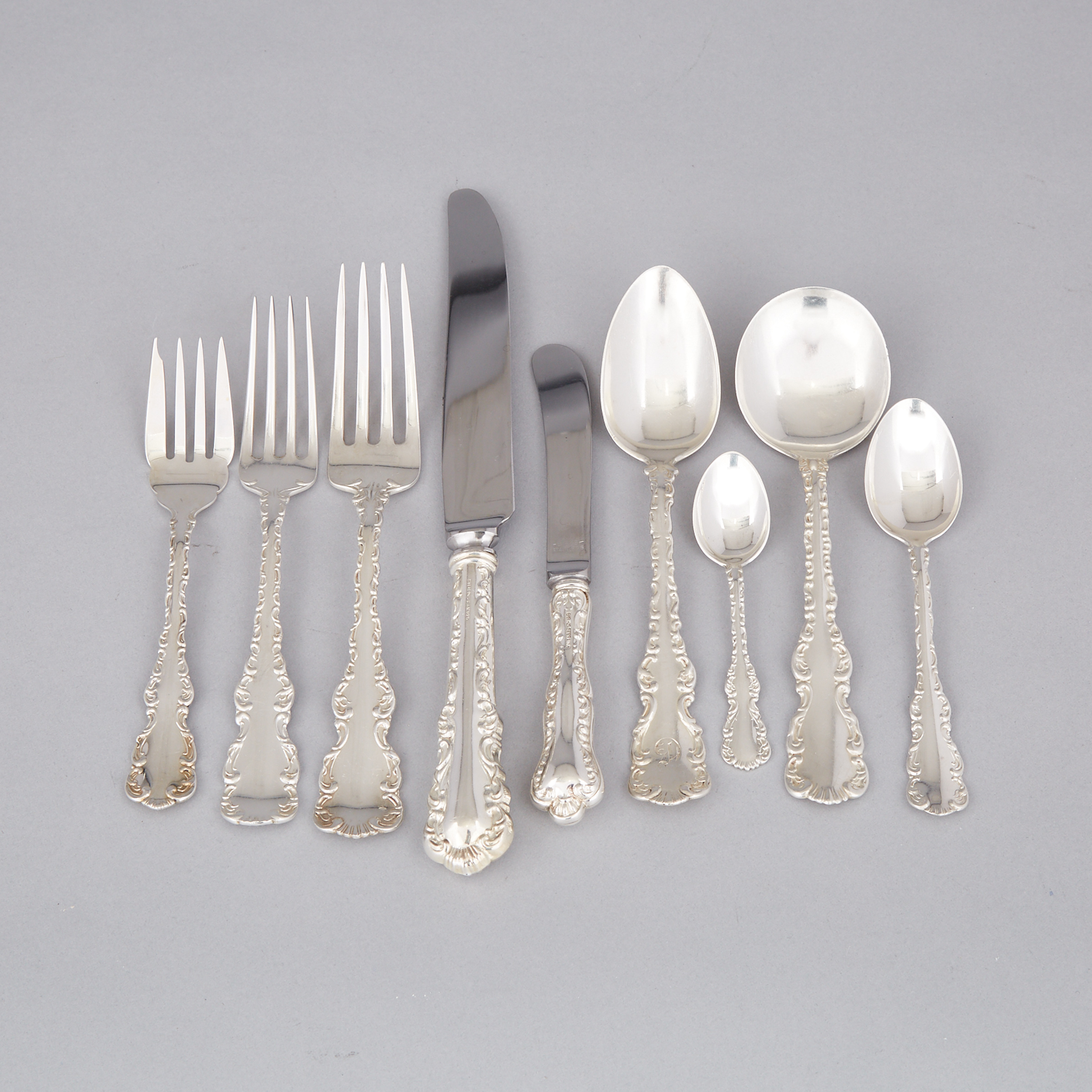 Group of Mainly Canadian Silver ‘Louis XV’ Pattern Flatware, Henry Birks & Sons, Gorham Mfg. Co. and Roden Brothers, 20th century