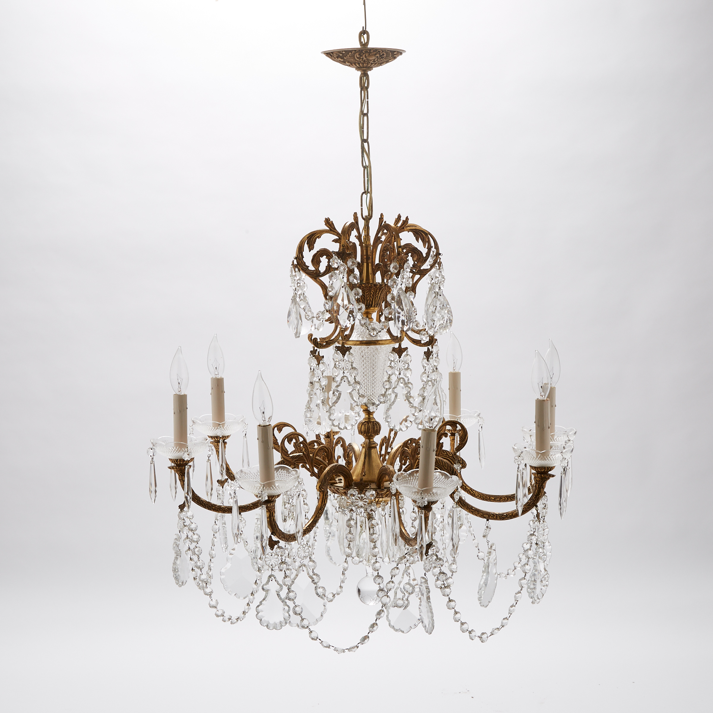French Cut Glass Mounted Gilt Brass Eight Light Chandelier, mid 20th century