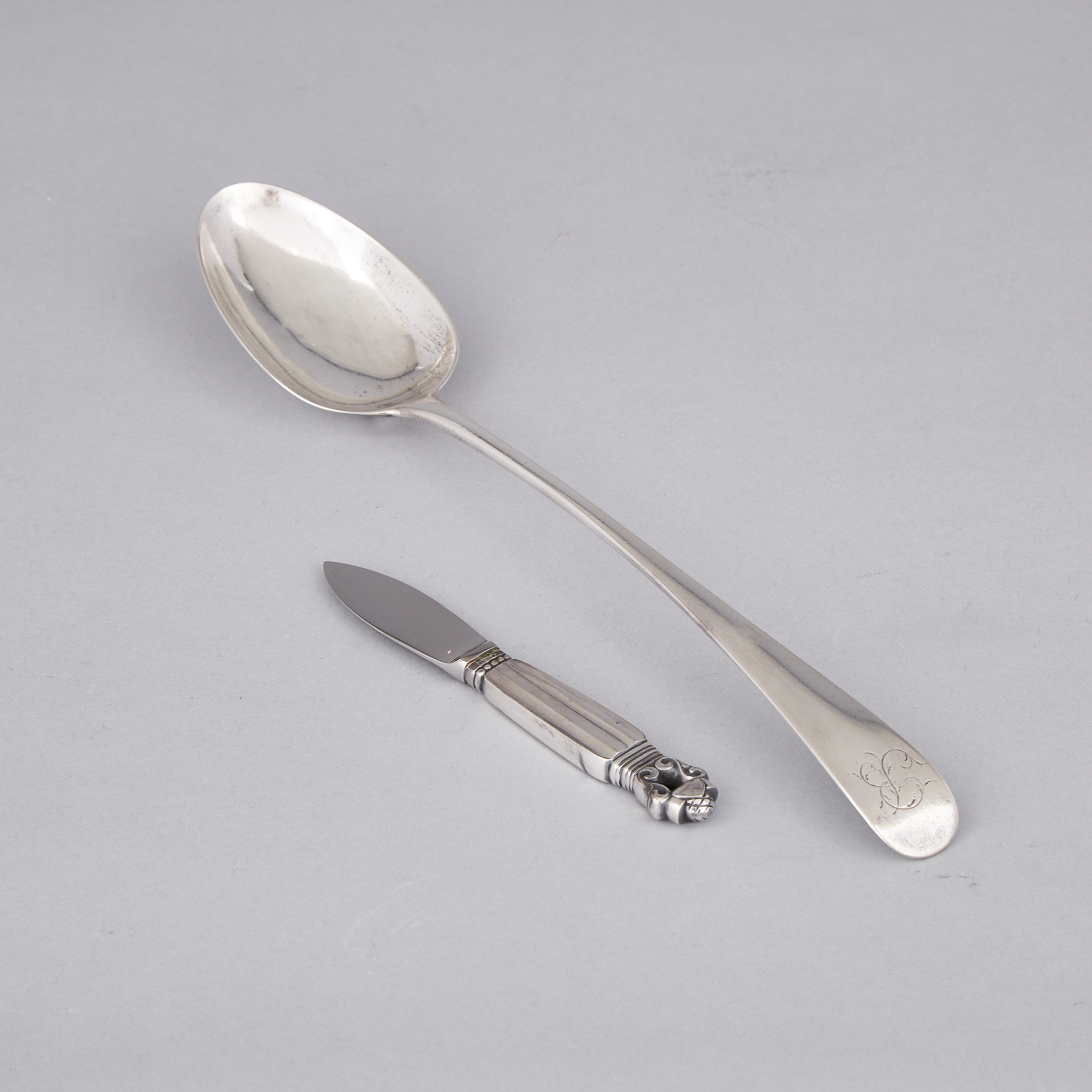 George III Silver Old English Pattern Serving Spoon, John Lambe, London, 1784, together with a Danish Silver ‘Acorn’ Pattern Pâté Knife, Georg Jensen, Copenhagen 20th century
