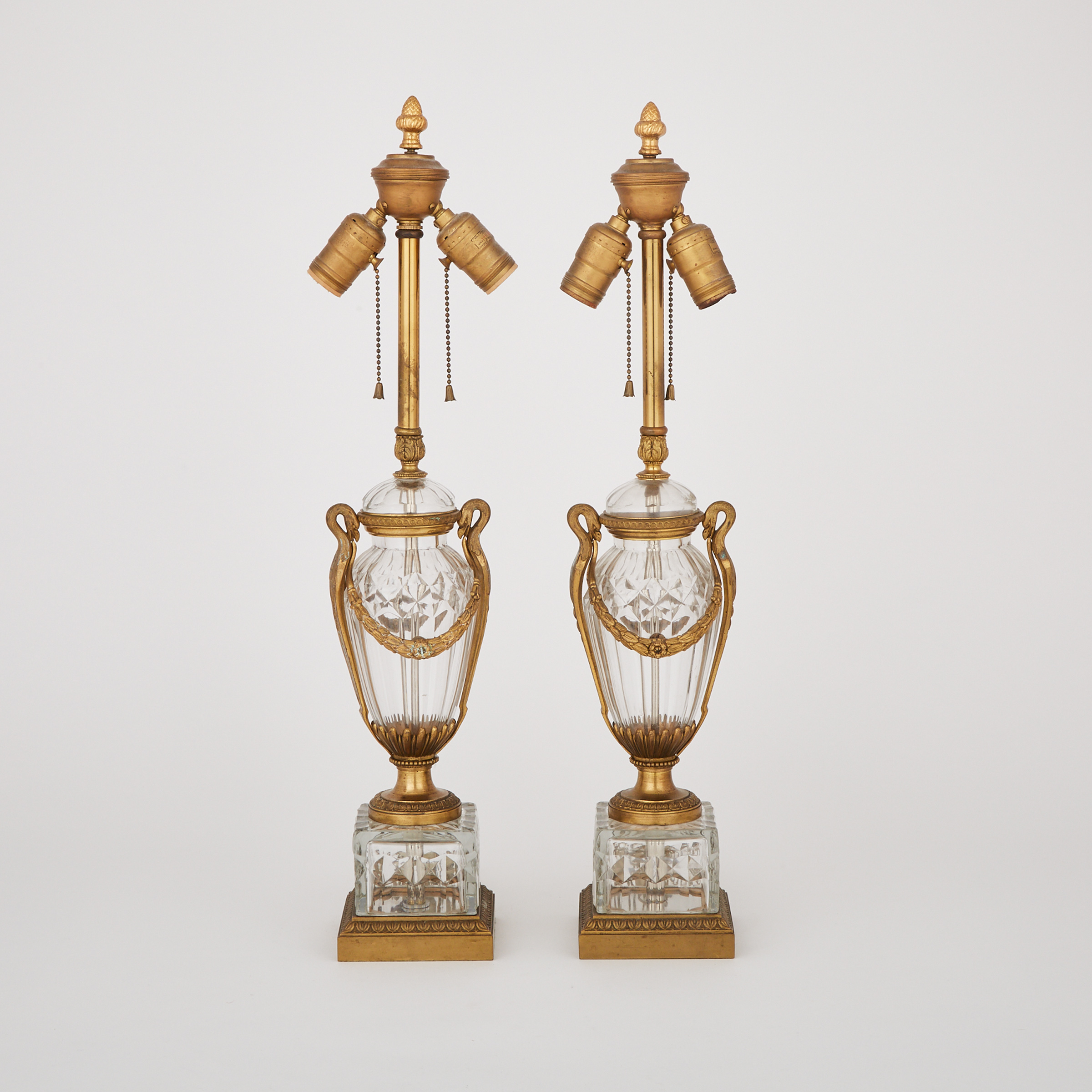 Pair of Ormolu Mounted Cut Glass Urn Form Table Lamps, mid-20th century