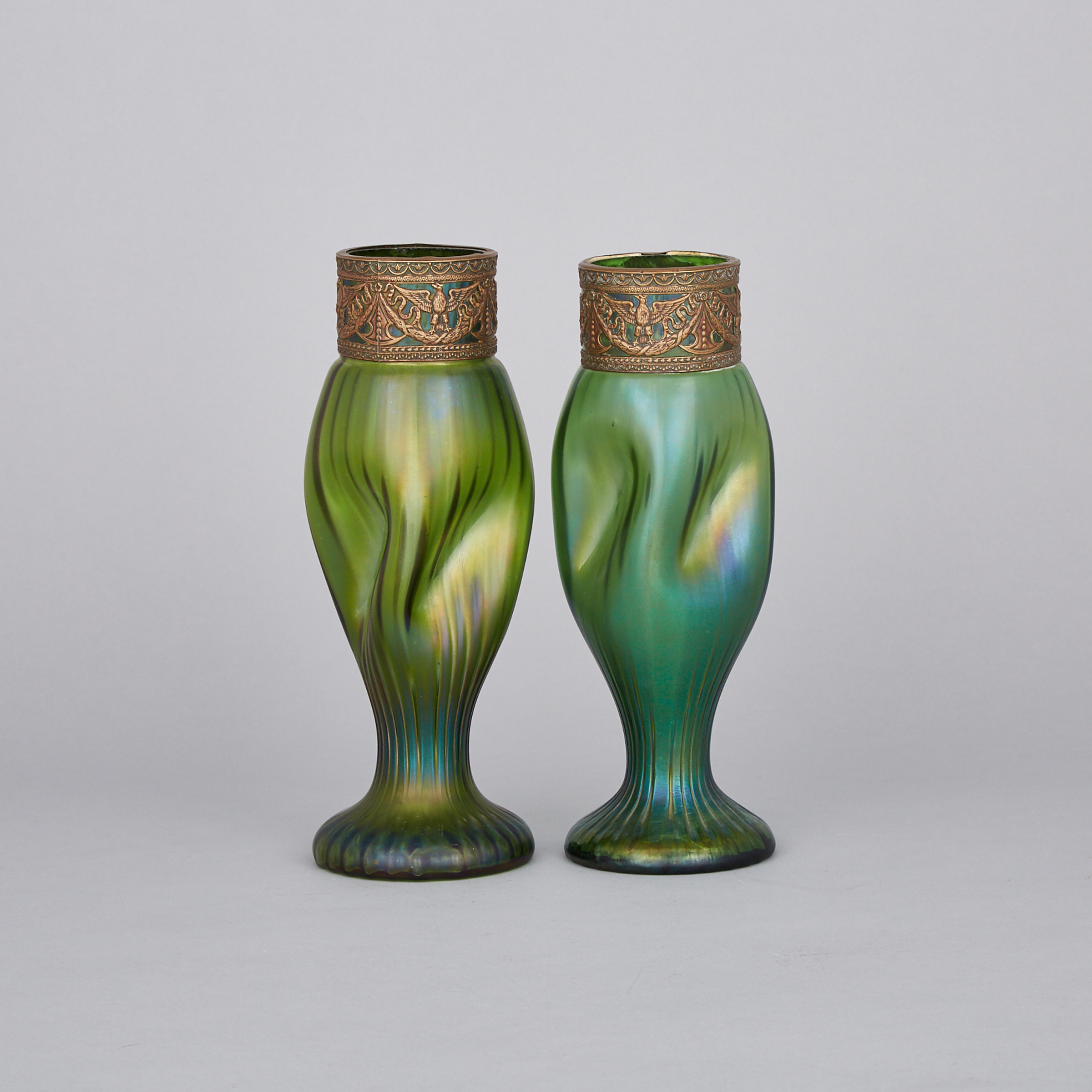 Pair of Bohemian Patinated Metal Mounted Iridescent Green Glass Vases, c.1900