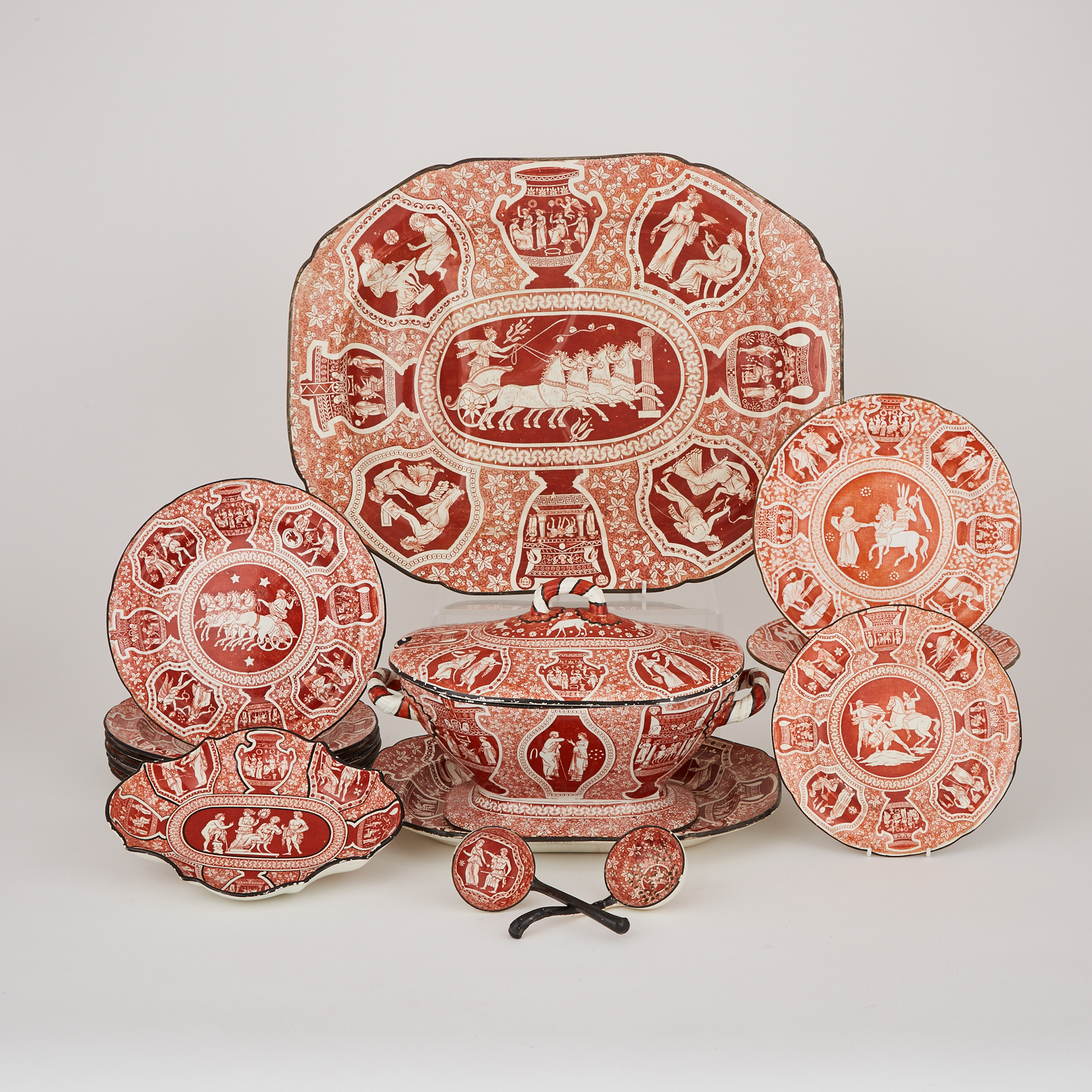 Spode Style Iron Red-Printed Greek Pattern Part Service, early 19th century