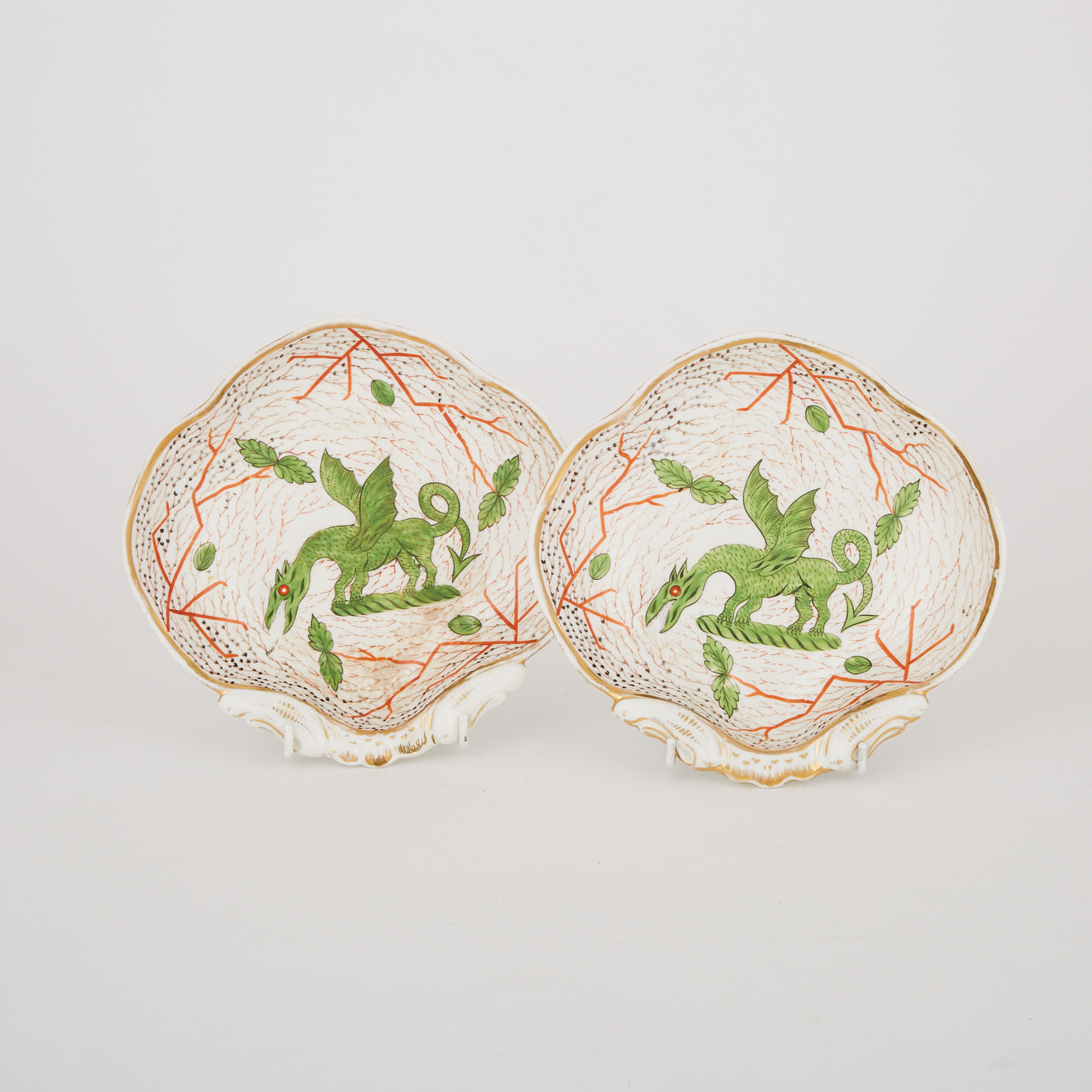 Pair of Coalport Green Dragon Shell Dishes, c.1810