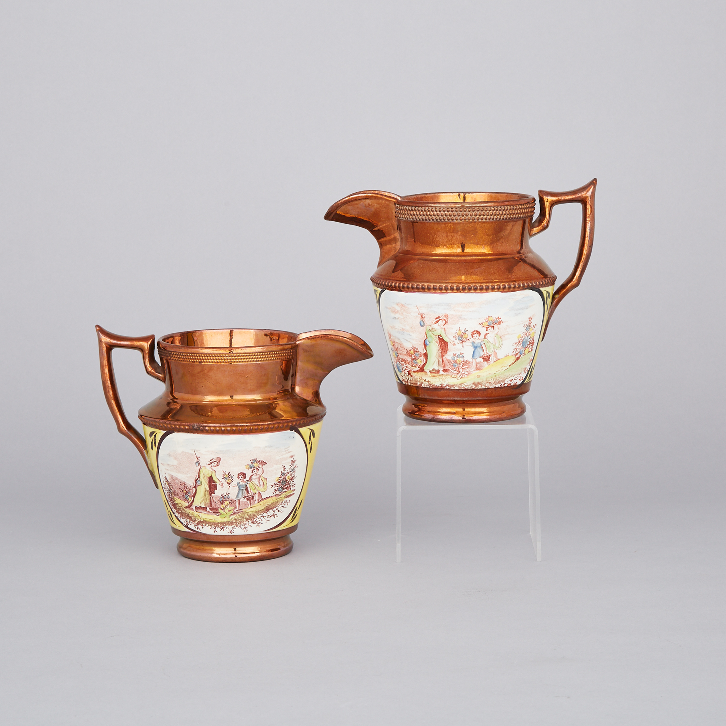 Pair of English Yellow Banded and Printed Copper Lustre Jugs, c.1830