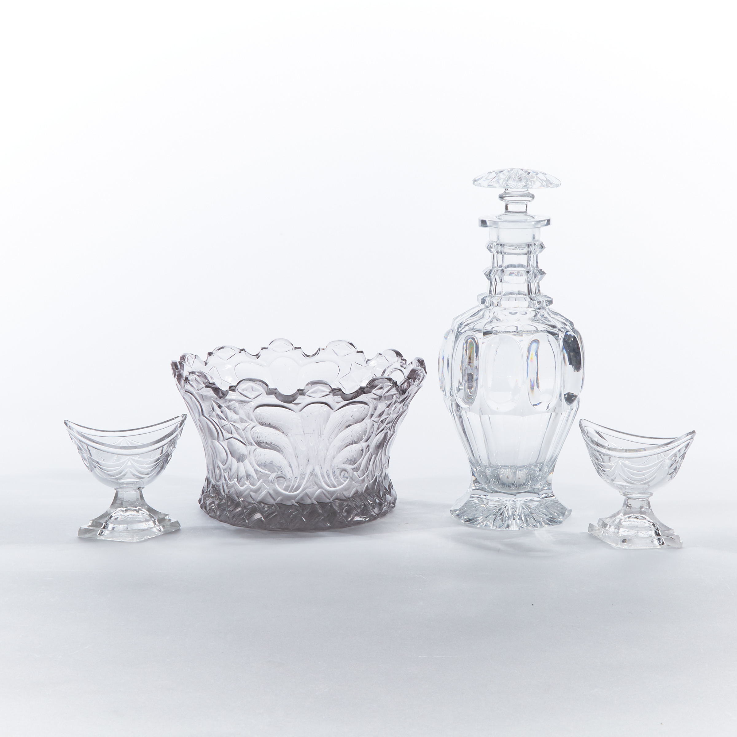 Pair of Anglo-Irish Cut Glass Salt Cellars and Decanter together with a Continental Cut Glass Bowl, 18th/19th century