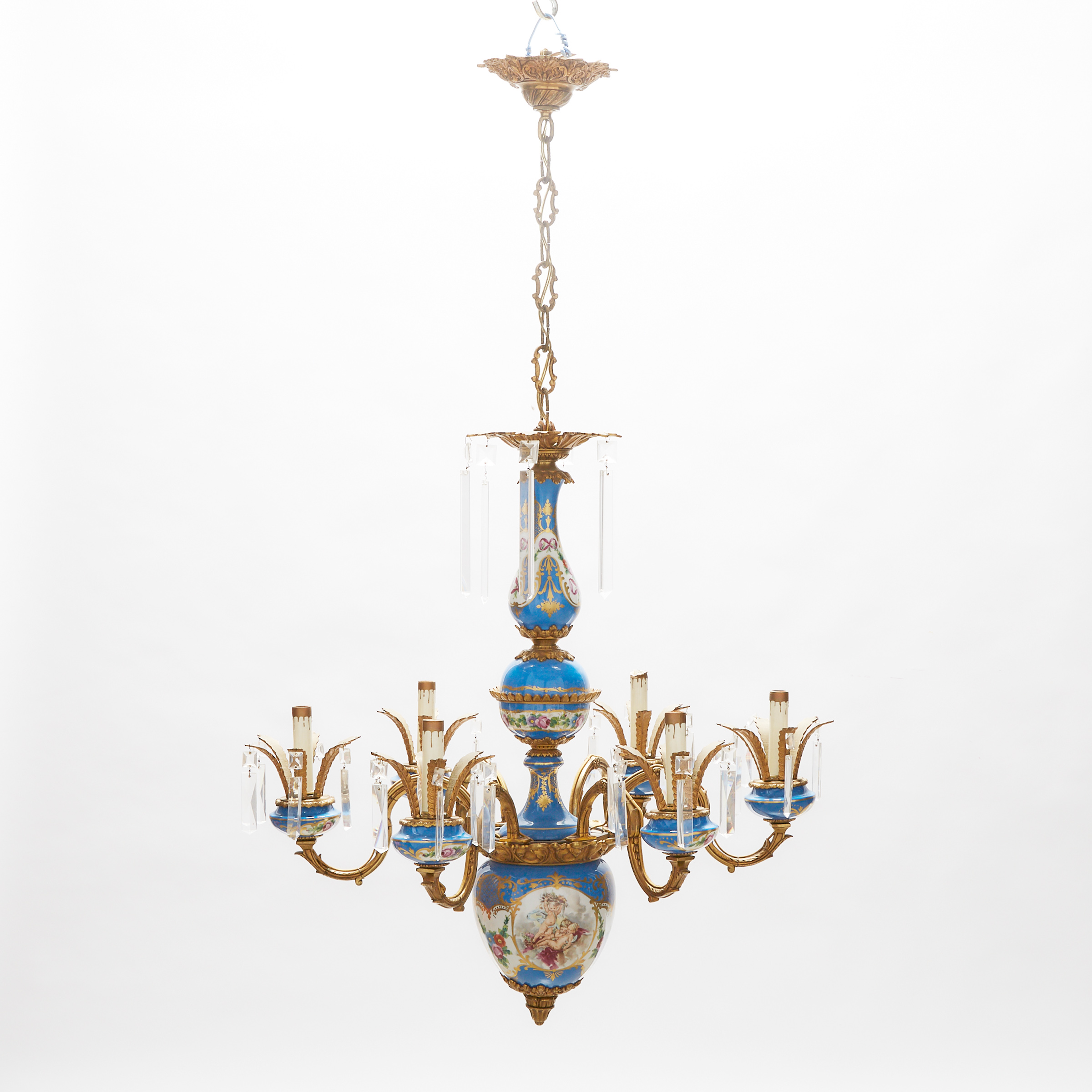 French Sevres Porcelain Mounted Ormolu Six-Light Chandelier, 19th century