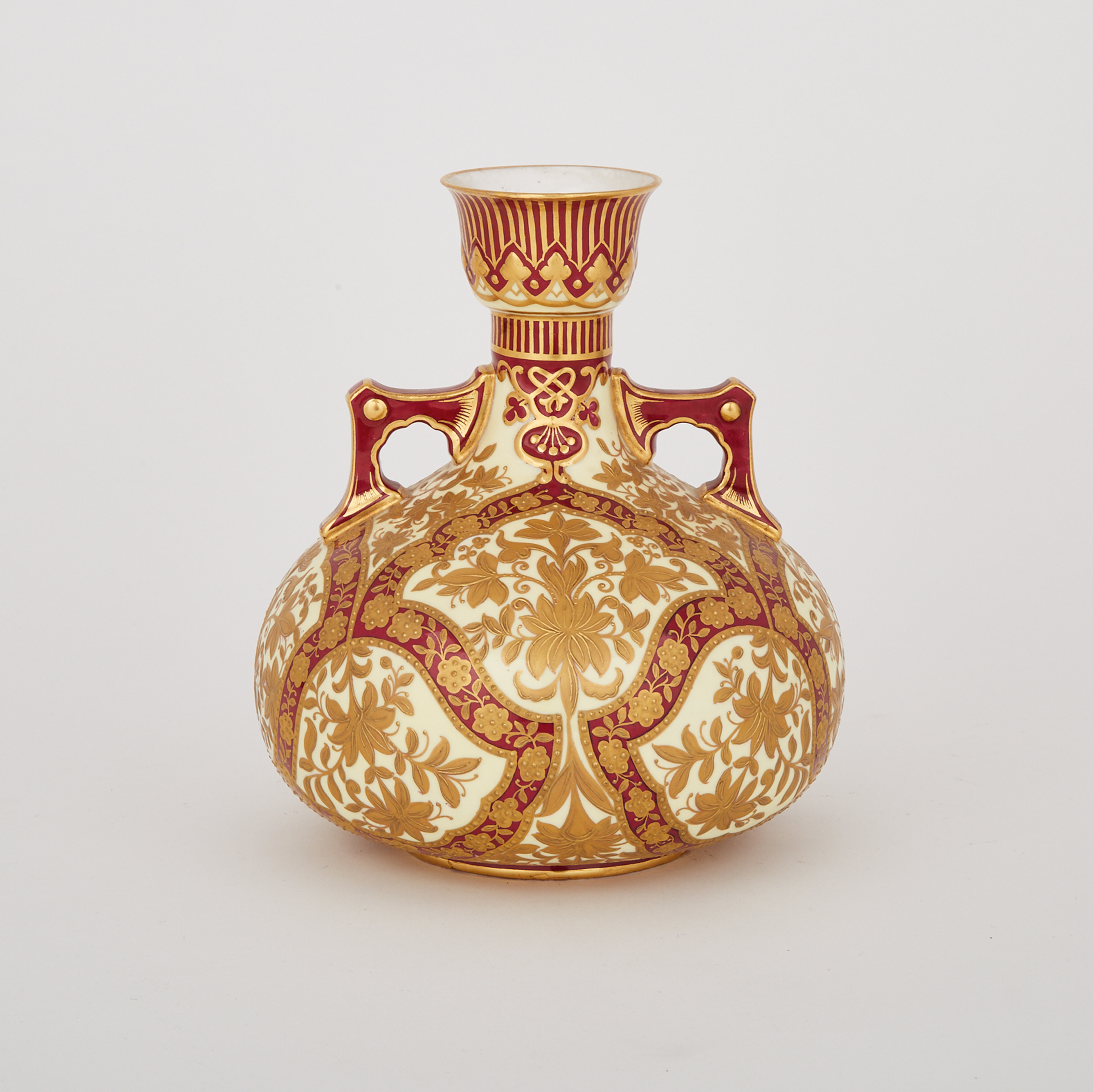 Derby Crown Porcelain Co. Yellow, Claret and Gilt Decorated Two-Handled Vase, 1884