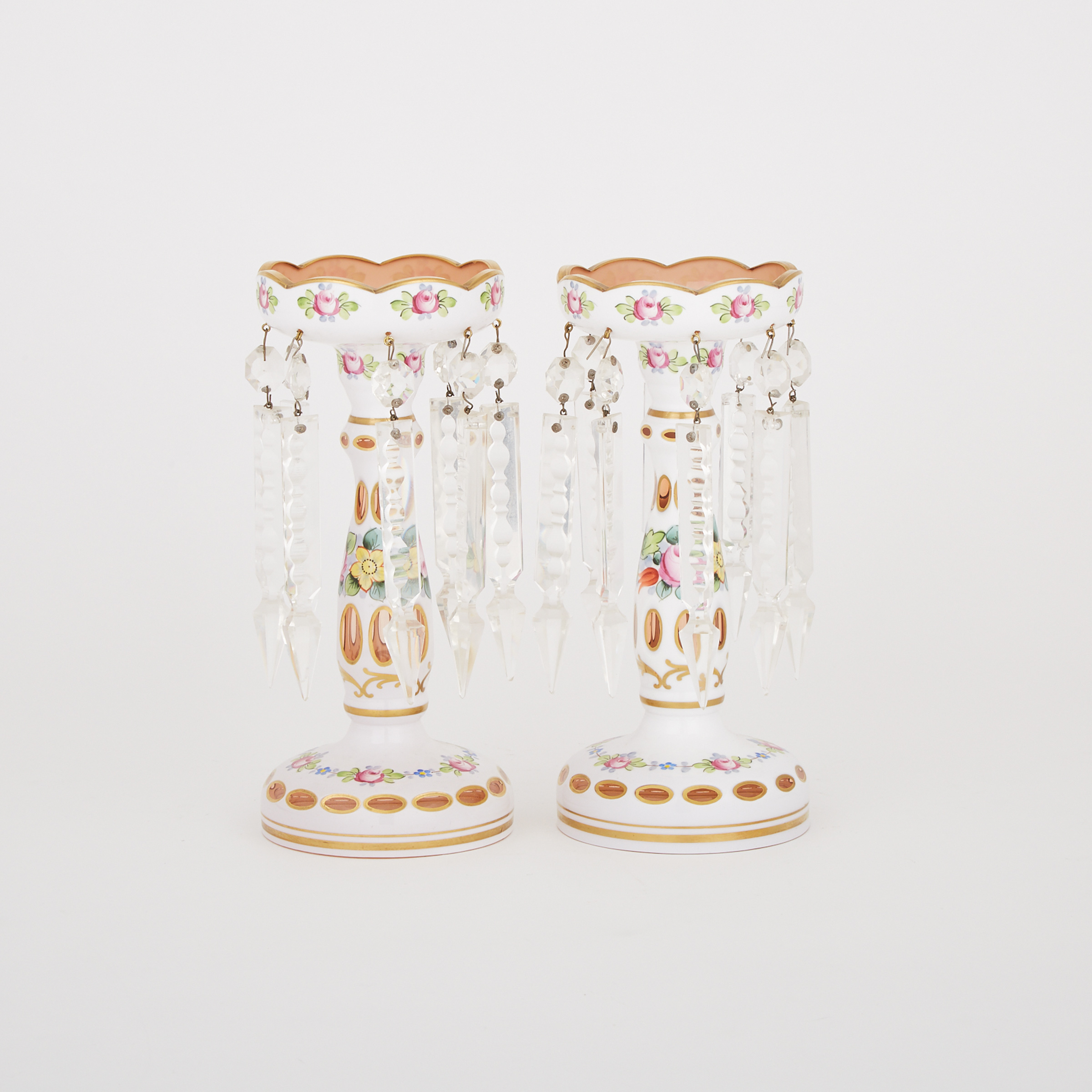 Pair of Bohemian Overlaid, Cut and Enameled Floral Glass Lustres, 20th century