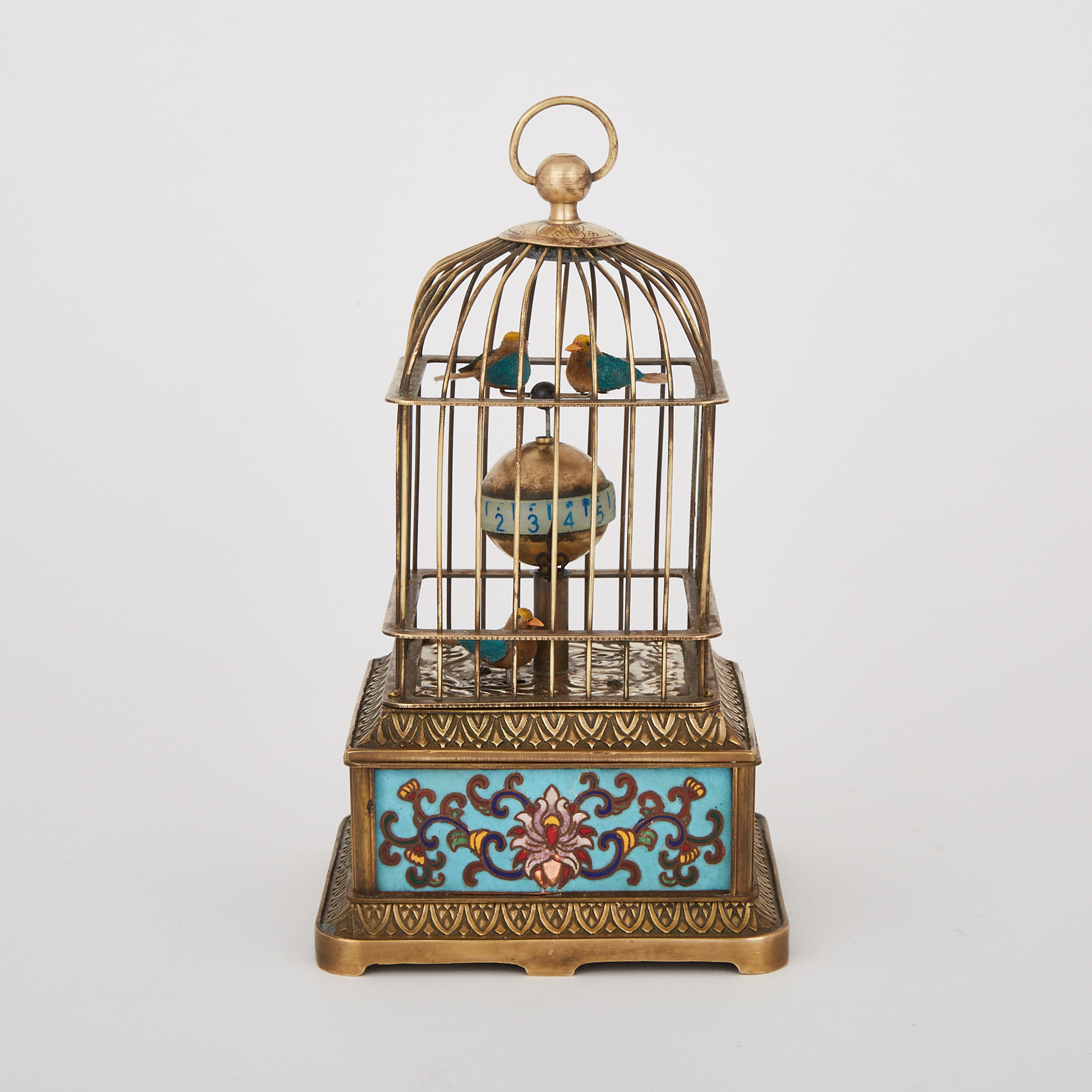German Champlevé Enamelled Automaton Bird Cage Novelty Clock, early 20th century