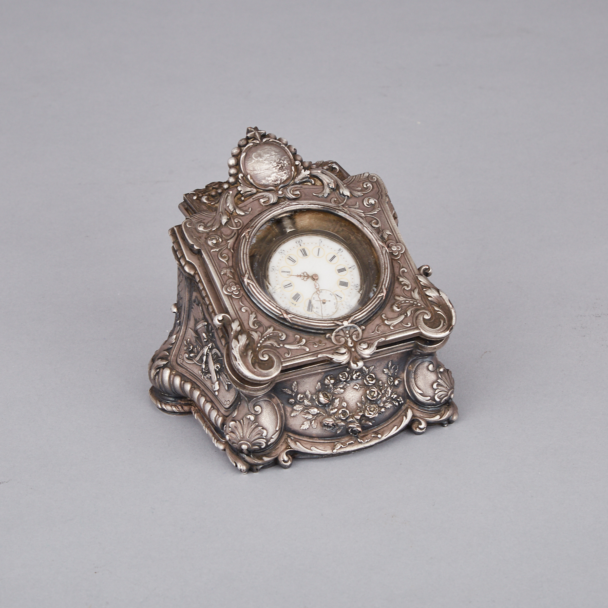 Napoleon III Silver Plated Pocket Watch Desk Stand, Leopold Oudry et Cie, with Silver Pocket Watch, late 19th century