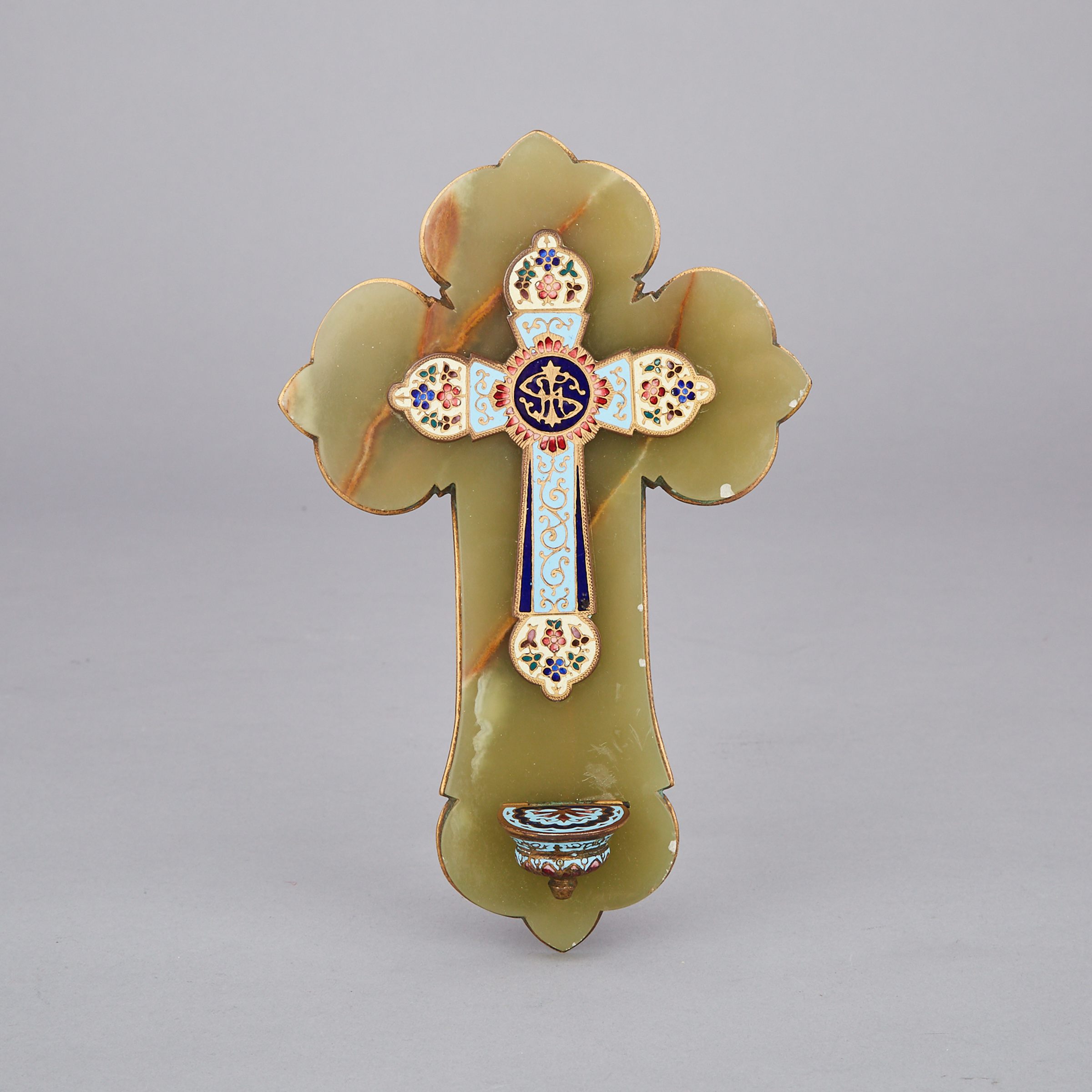French Champleve Enamelled Holy Water Font, early 20th century