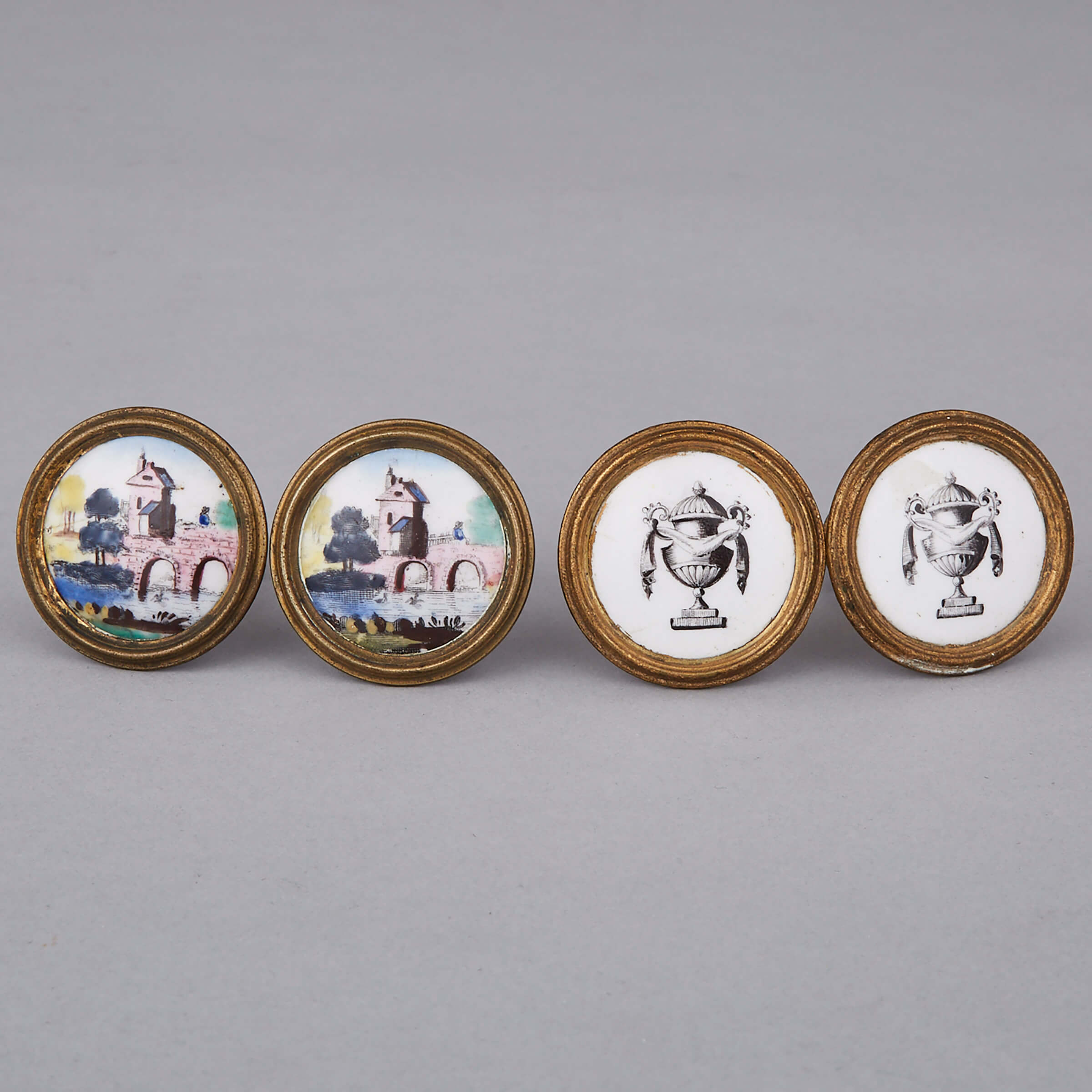 Two Small Pairs of Battersea Enamel Curtain Tiebacks or Picture Hangers, 18th/19th century 