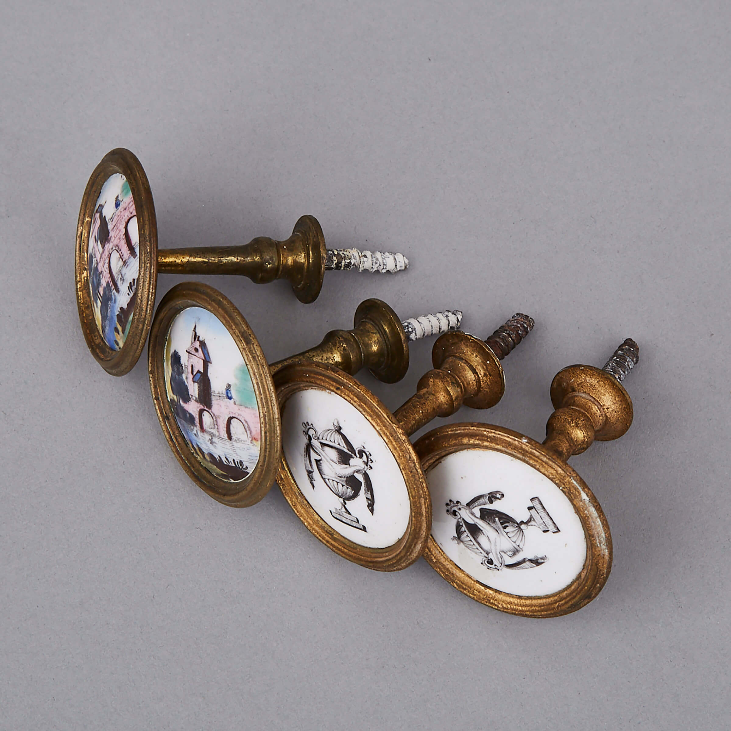 Two Small Pairs of Battersea Enamel Curtain Tiebacks or Picture Hangers, 18th/19th century 