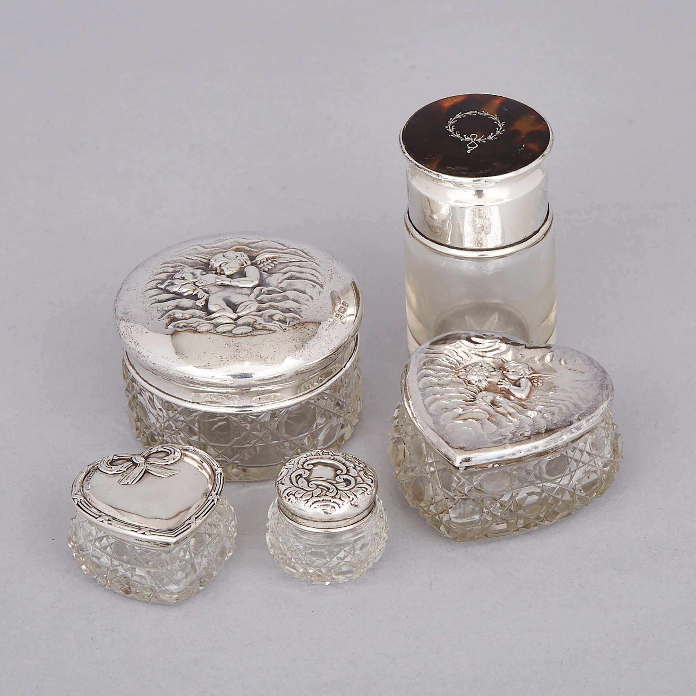 Five Edwardian and Later English Silver and Cut Glass Dressing Table Jars, c.1902-21