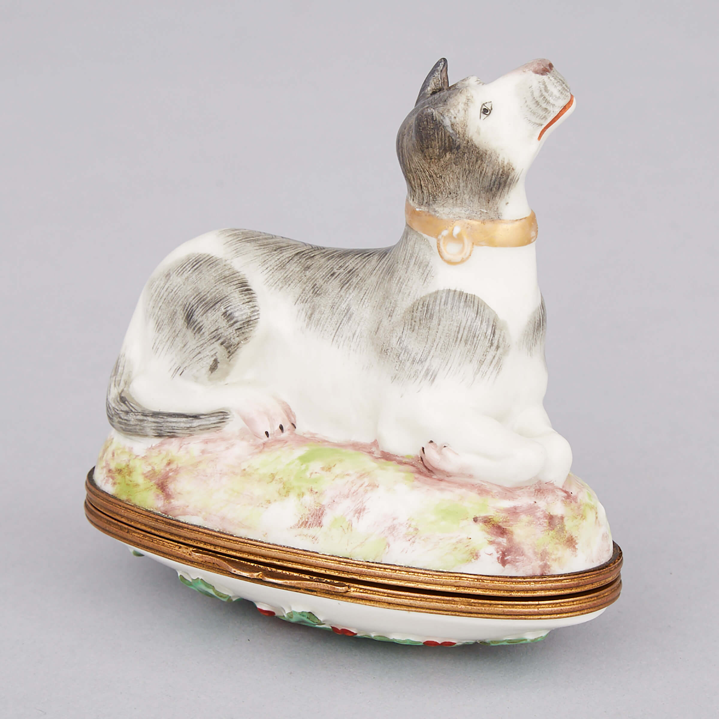 French Porcelain Seated Dog Bonbonnière, late 19th century