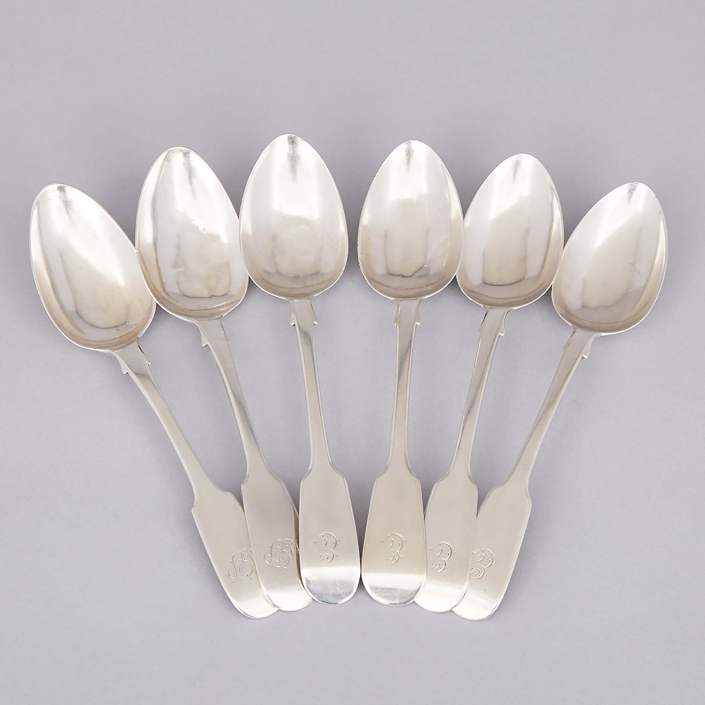 Six Victorian Silver Fiddle Pattern Dessert Spoons, Robert Wallis and John Robert Harris, London, 1849/51